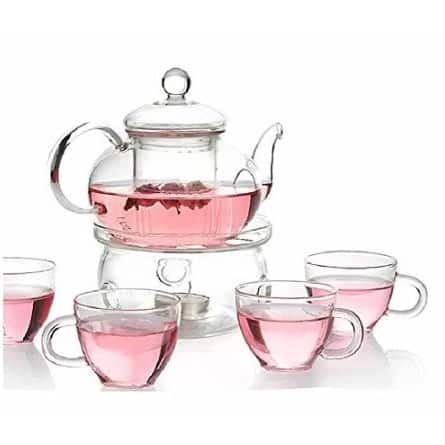 SlickBlue - Glass Tea Pot Set with 4 Cups Infuser and Teapot Warmer, 6 Piece - Clear