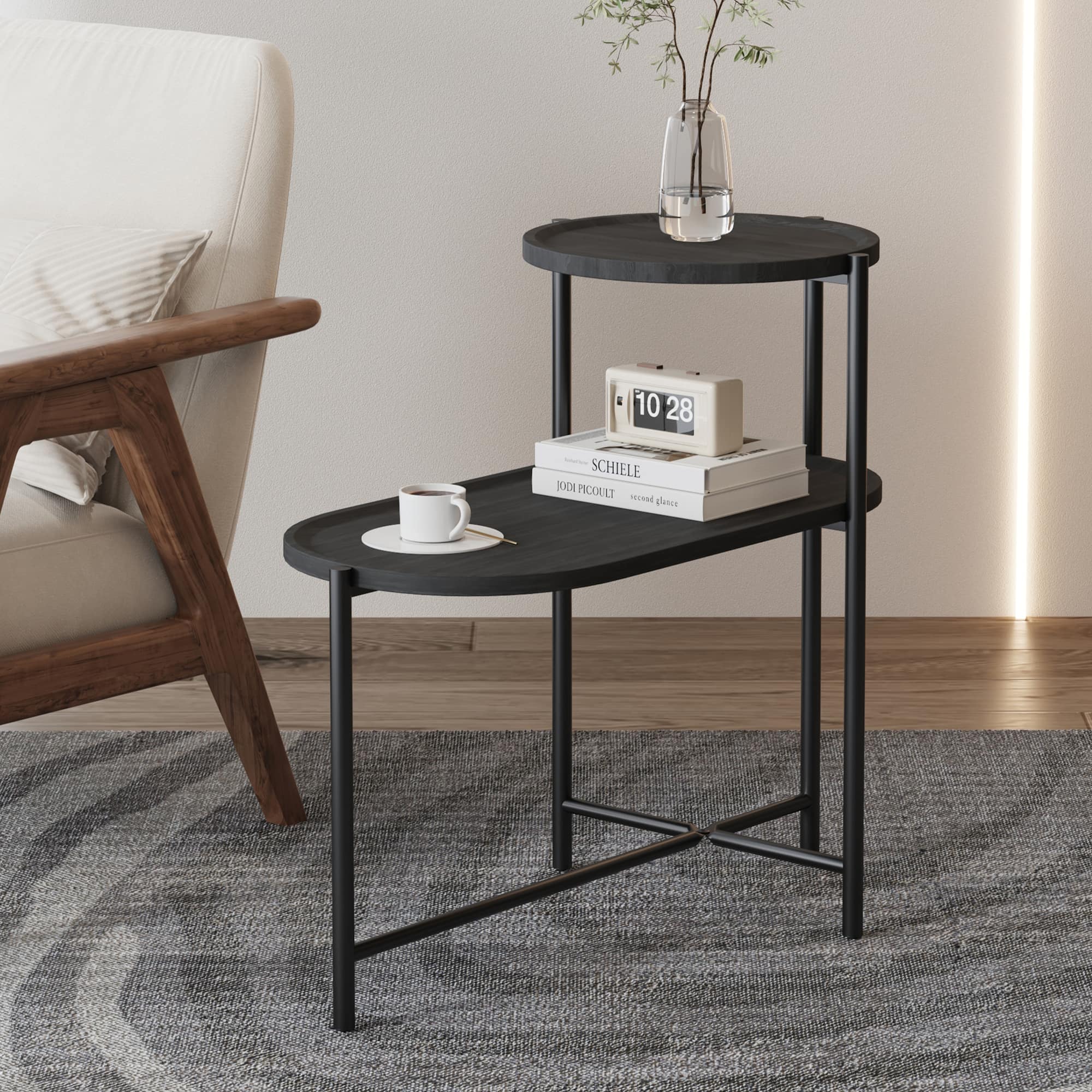 GOODSILO - Modern Round Coffee Table with Two-Tier Storage Trays for Living Room and Small Spaces - Black