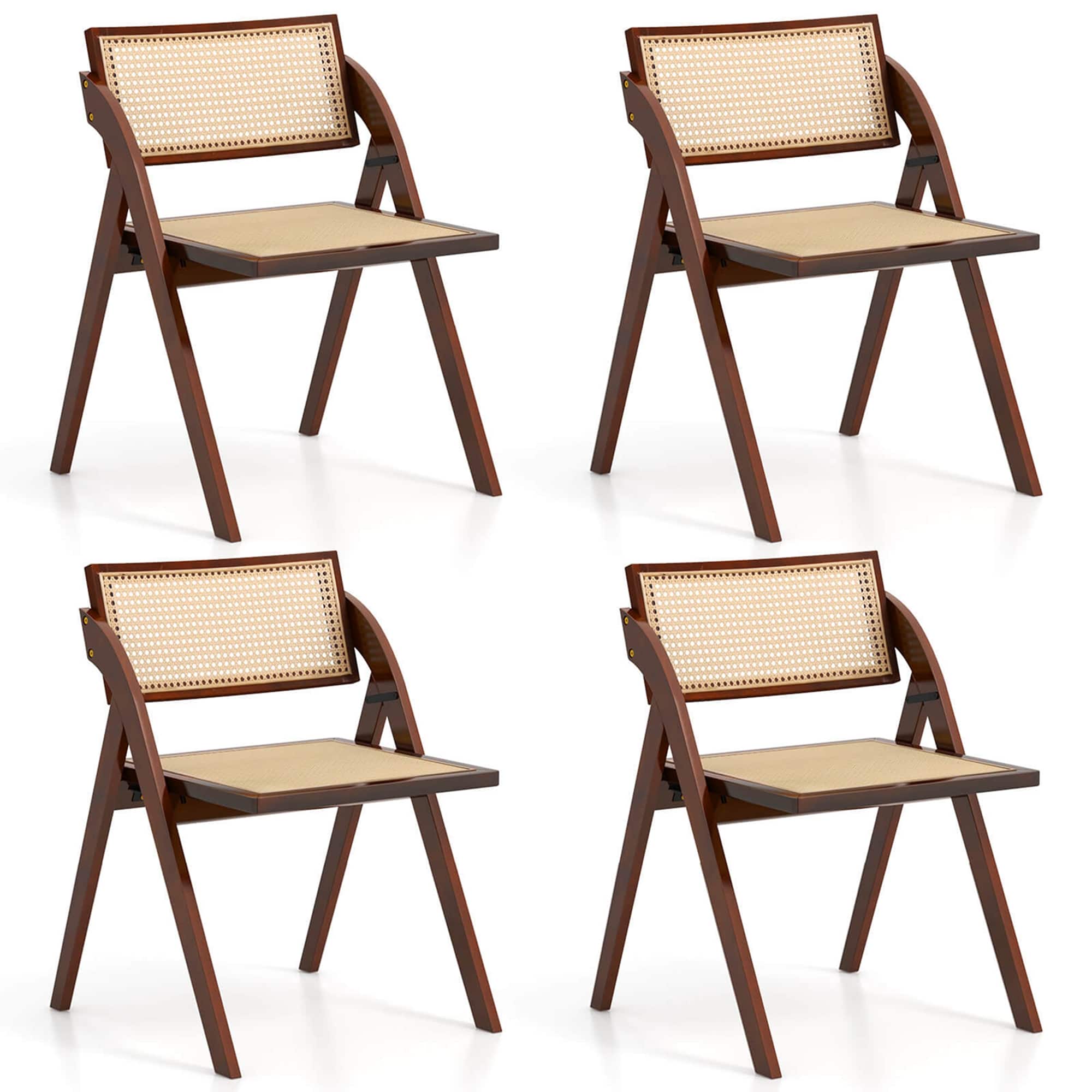 Costway - Foldable Dining Chairs Set of 4 with Woven Rattan Backrest & Seat Rubber Wood Frame - Brown