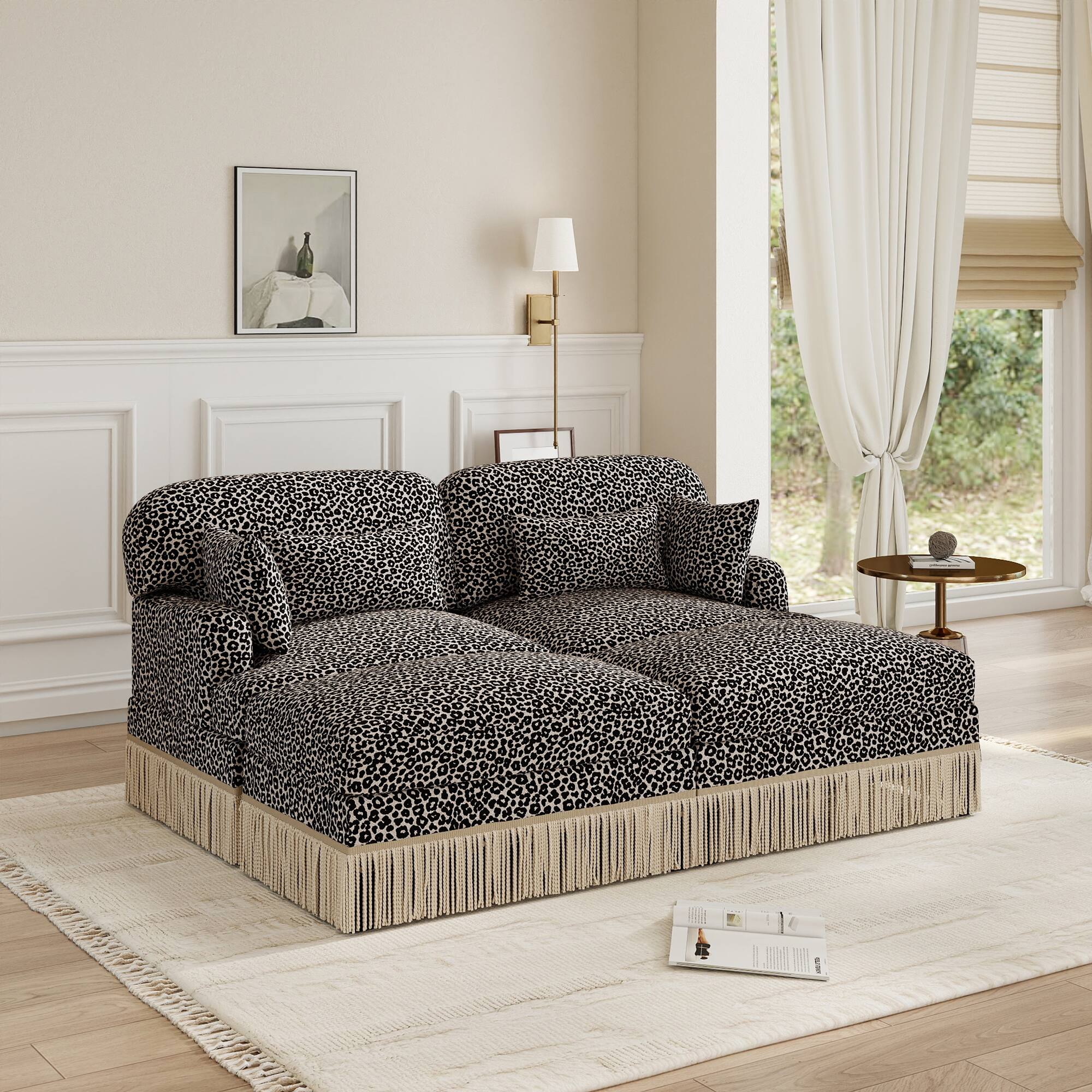 Angle. Anysun - Modular Comfy Leopard Printing Loveseat with Exquisite Tassel Trimmings and 2 Movable Ottomans - khaki.
