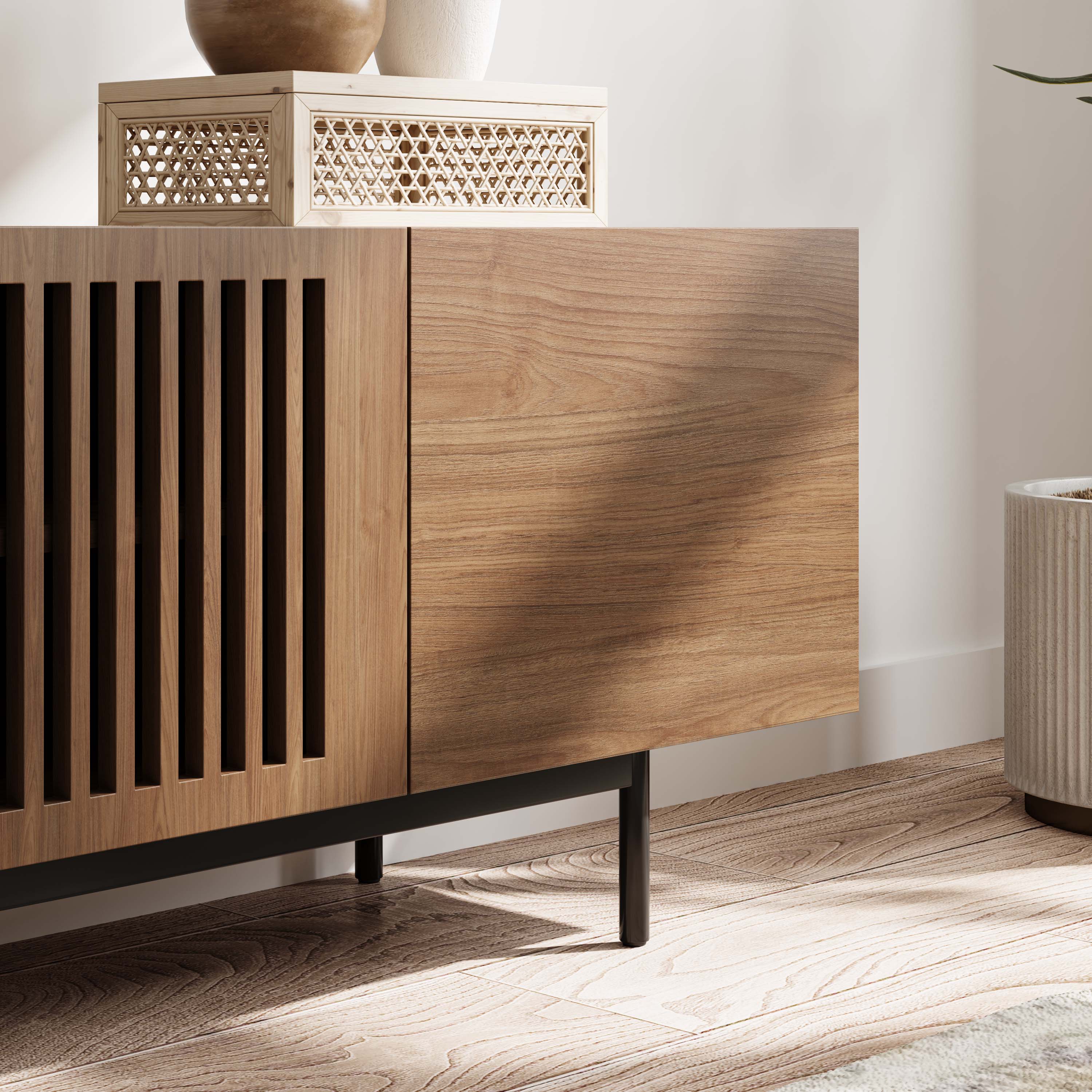 Alt View 2. POVISON - 79" Mid-Century TV Stand with Sintered Stone Wood Media Console with Walnut Veneer Slatted Cabinet, Tall-Cast Metal Legs - Walnut.