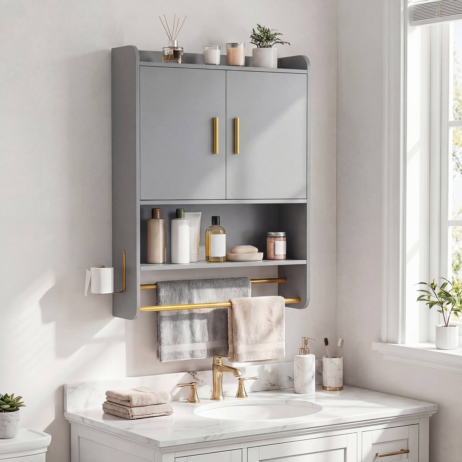 Alt View 1. Costway - Costway Bathroom Wall Cabinet with Towel Bars Toilet Paper Holder Open Shelves for Laundry - Gray.