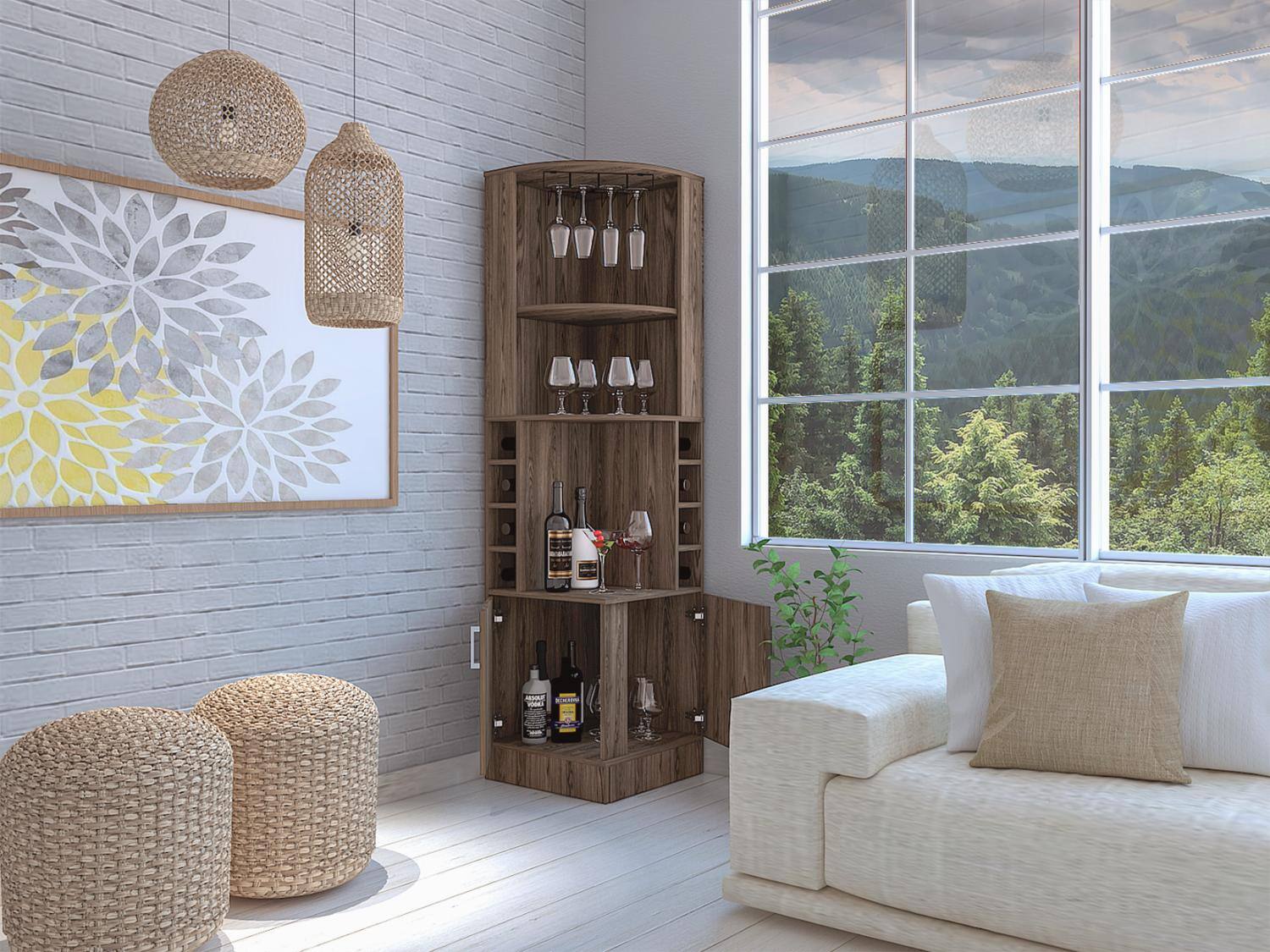 Left. TuHome - Syrah Corner Bar Cabinet, Eight Bottle Cubbies, Double Door, Two Open Shelves, Bar Room or Living Room - Dark Walnut.