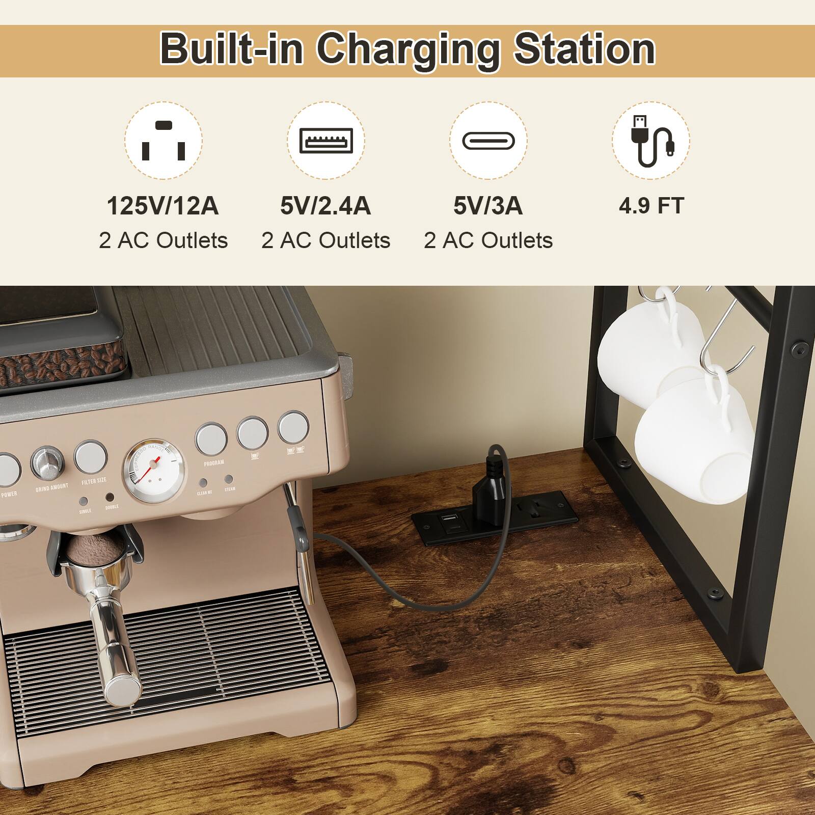 Built-in Charging Station

- 125V/12A
  - 2 AC Outlets
- 5V/2.4A
  - 2 AC Outlets
- 5V/3A
  - 2 AC Outlets
- 4.9 FT