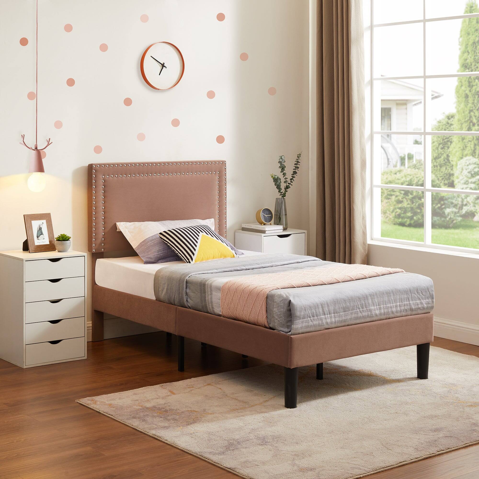 Alt View 2. Vecelo - Twin Size Platform Bed Frame with Adjustable Upholstered Headboard, Strong Wood Slat Support,No Box Spring Needed - Coffee.