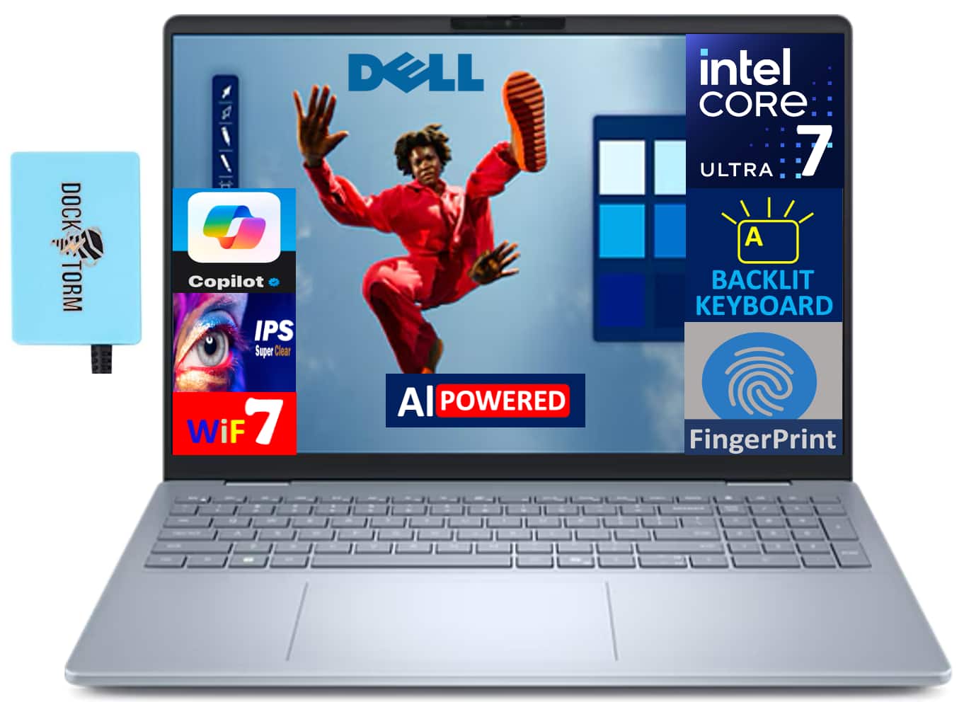 DOCK TORM Copilot IPS Super Clear Wi-Fi 7 DELL AI POWERED intel CORE ULTRA 7 A BACKLIT KEYBOARD FingerPrint