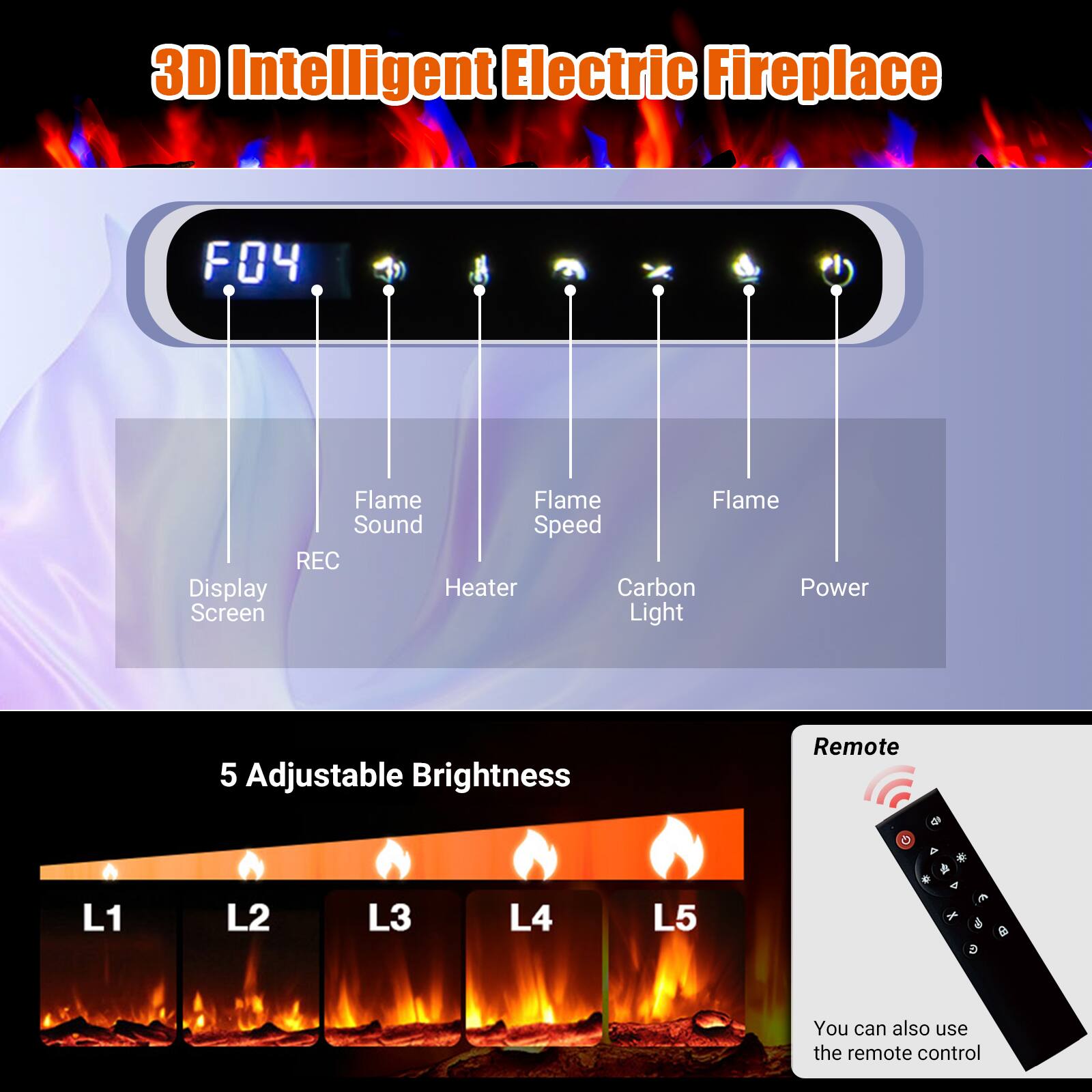 3D Intelligent Electric Fireplace

- F04
- Flame Sound
- Flame Speed
- Display Screen
- Heater
- Carbon Light
- Power
- REC

5 Adjustable Brightness
- L1
- L2
- L3
- L4
- L5

You can also use the remote control