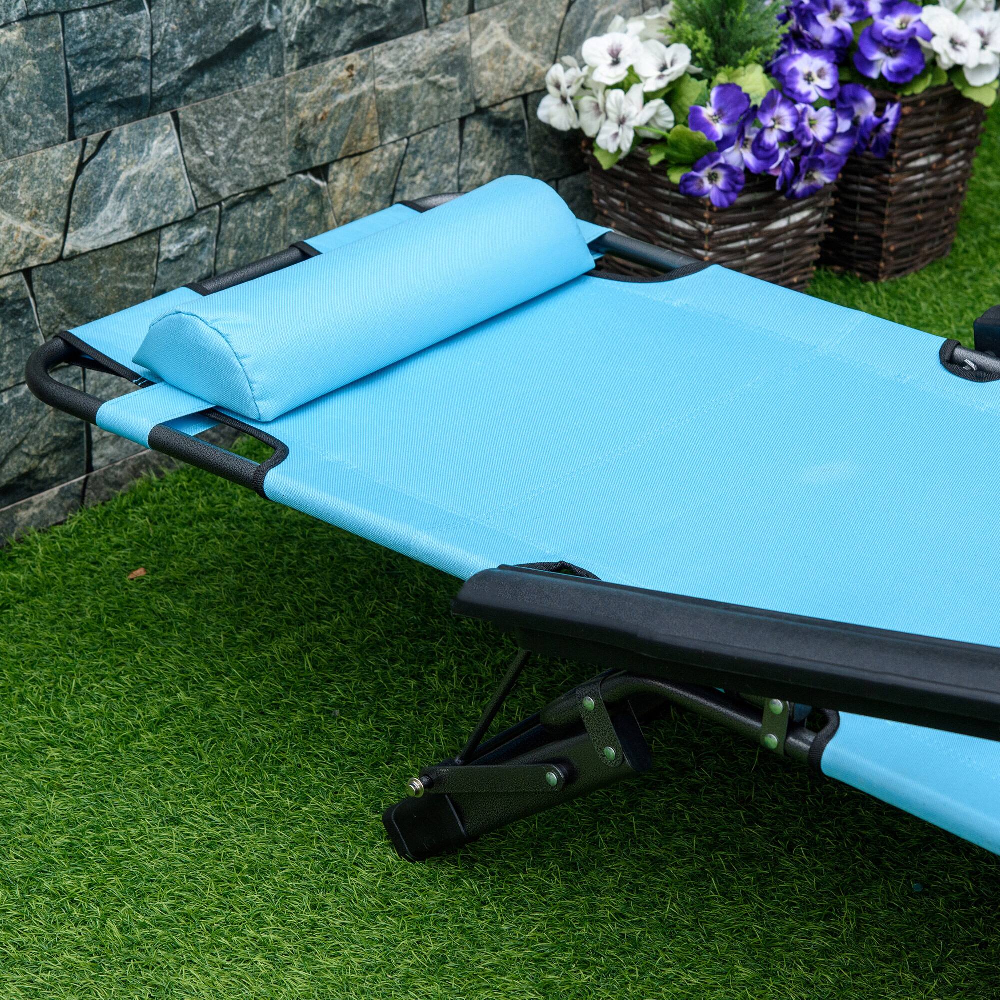 Alt View 8. Outsunny - Folding Chaise Lounge Chair for Outside, 2-in-1 Tanning Chair with Pillow & Pocket, Adjustable Pool Chair for Beach - Blue.
