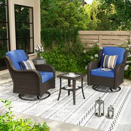 Ovios - 3 PCS Patio Bistro Set, Wicker Rocking Chairs, Rattan Swivel Chairs with Side Table - Navy Blue(Brown Wicker)