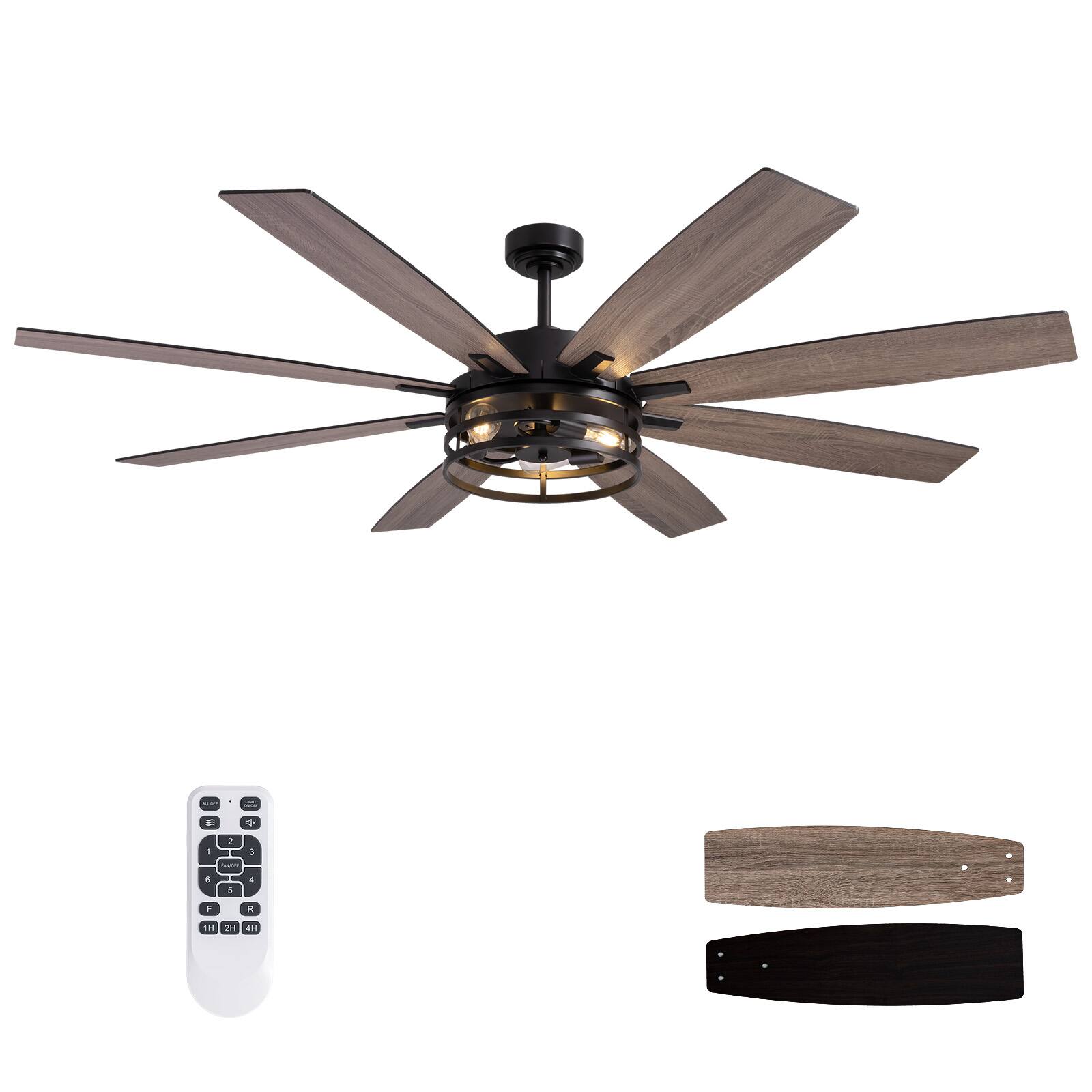 Alt View 5. Siljoy - 72 Inch Indoor Matte Black Caged Ceiling Fan with Light and Remote for Patio Kitchen Garage and Warehouse - Gloss Black.