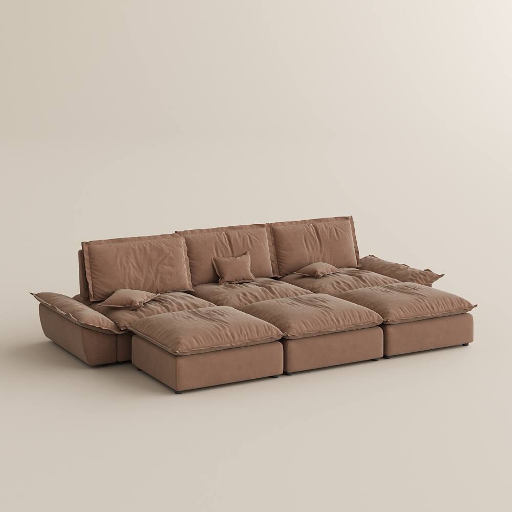 Alt View 8. POVISON - Modern Beige Sleeper Sofa with 3 Ottomans - Brown Suede Fabric.