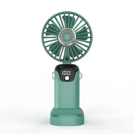 Front. Cluzine - Green Mini Handheld Portable Fan with 5 Speeds, LED Display, 6.5H Battery, Foldable for Travel & Office.