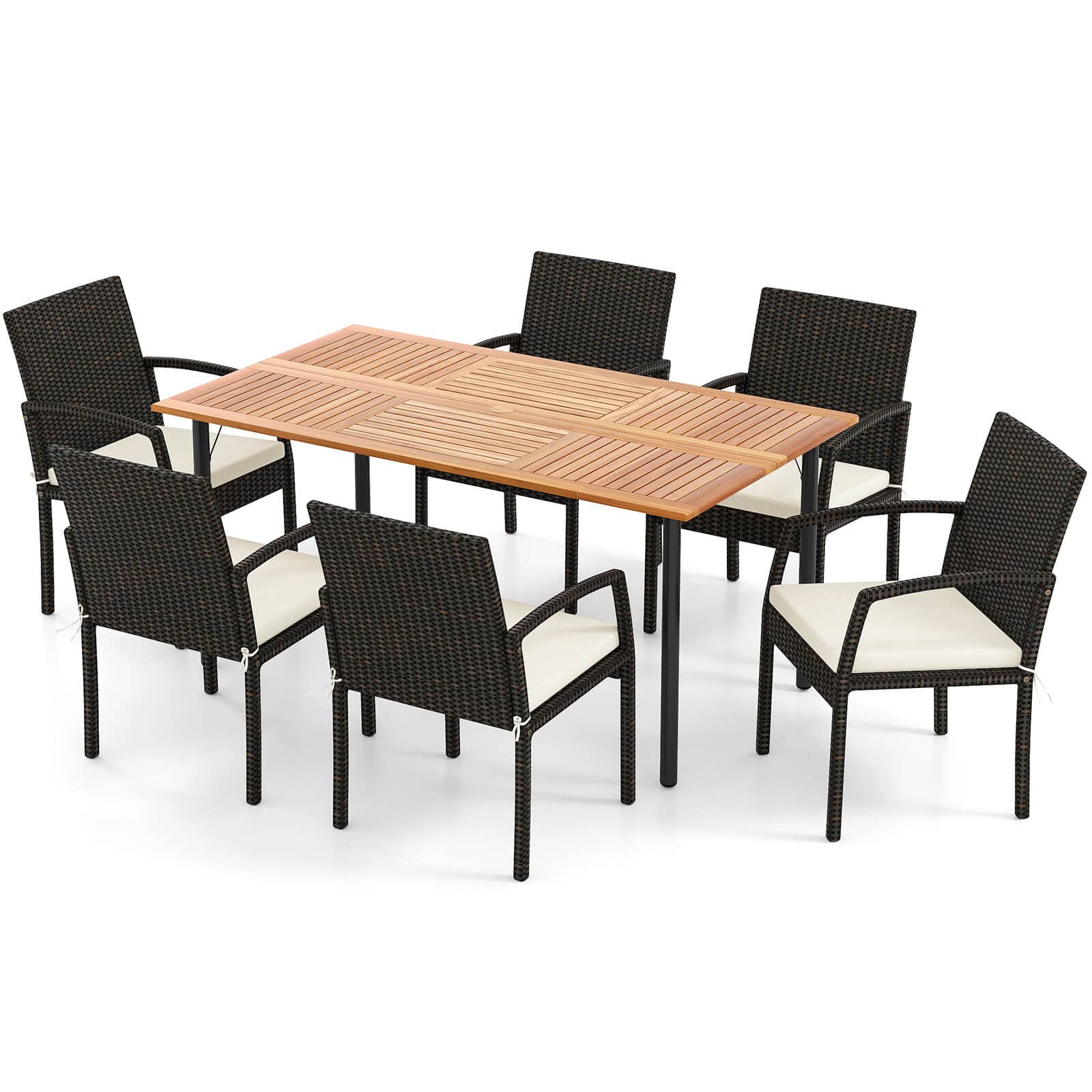 Costway - 7PCS Patio Rattan Dining Set Table Top W/Umbrella Hole - White