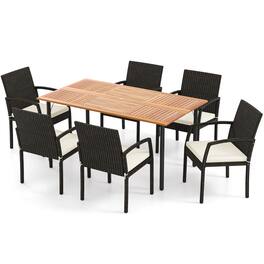 Costway - 7PCS Patio Rattan Dining Set Table Top W/Umbrella Hole - White