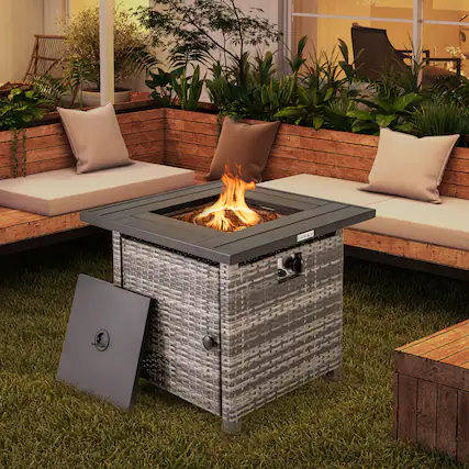 Front. SlickBlue - Rattan Propane Firepit Table 29 Inch with Lava Rocks and Protective Cover - Grey.