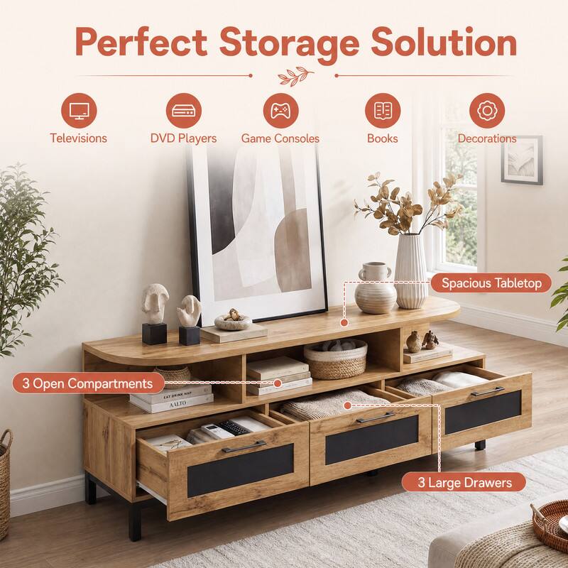 Perfect Storage Solution

- Televisions
- DVD Players
- Game Consoles
- Books
- Decorations

Spacious Tabletop

3 Open Compartments

3 Large Drawers
