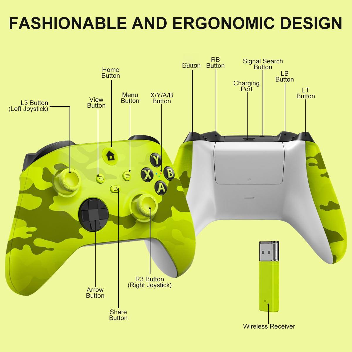 FASHIONABLE AND ERGONOMIC DESIGN

- L3 Button (Left Joystick)
- R3 Button (Right Joystick)
- Home Button
- View Button
- Menu Button
- X/Y/A/B Button
- Arrow Button
- Share Button
- RB Button
- Signal Search Button
- LB Button
- LT Button
- Charging Port
- Wireless Receiver