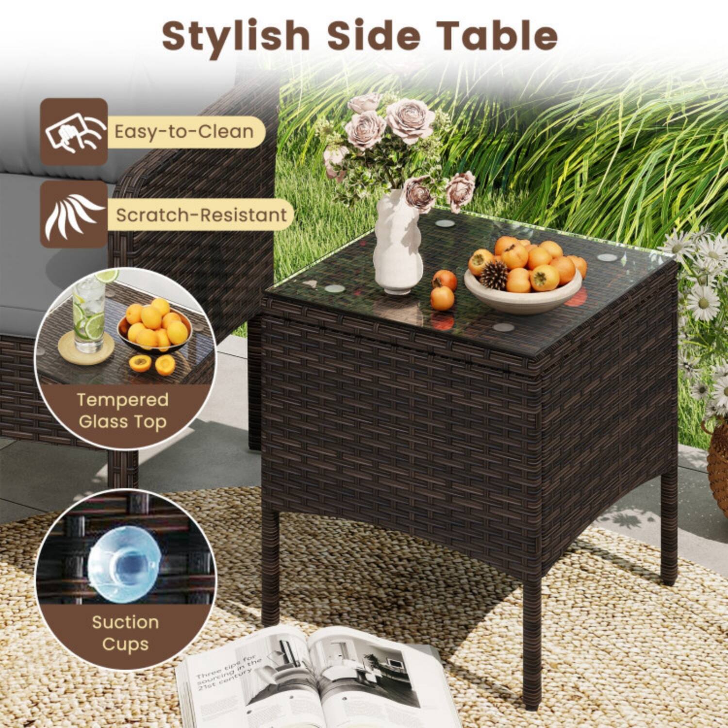 Stylish Side Table

- Easy-to-Clean
- Scratch-Resistant
- Tempered Glass Top
- Suction Cups

Three CtA 21a
