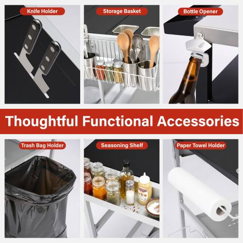 Knife Holder  
Storage Basket  
Bottle Opener  
Thoughtful Functional Accessories  
Trash Bag Holder  
Seasoning Shelf  
Paper Towel Holder