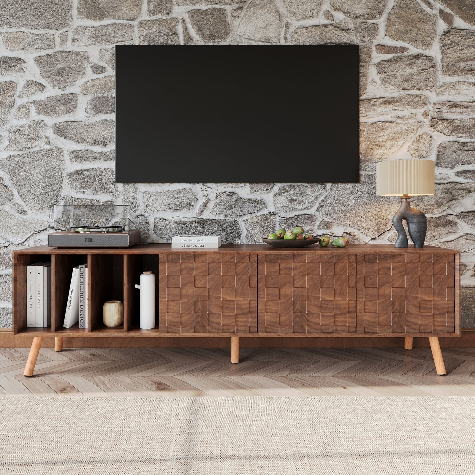 Spaco - 70" Mid Century Modern TV Stand, Media Console Table for 80 Inch TVs, 5 Solid Wood Legs, for Living Room - Walnut