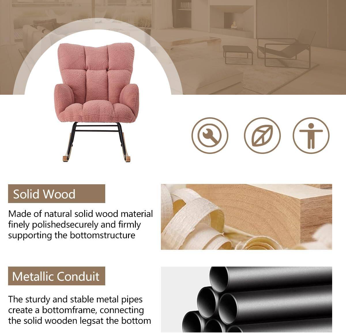 Solid Wood  
Made of natural solid wood material, finely polished, securely and firmly supporting the bottom structure.

Metallic Conduit  
The sturdy and stable metal pipes create a bottom frame, connecting the solid wooden legs at the bottom.
