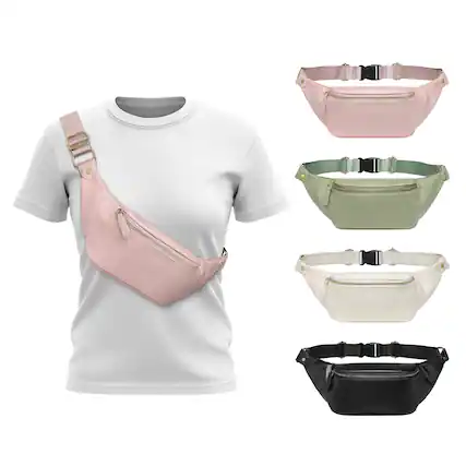 Front. Unique Bargains - Soft Faux Leather Fanny Pack Crossbody Waist Pack with Adjustable Strap Large Pocket Sturdy Zippers for Travel Hiking - Standard Pink.