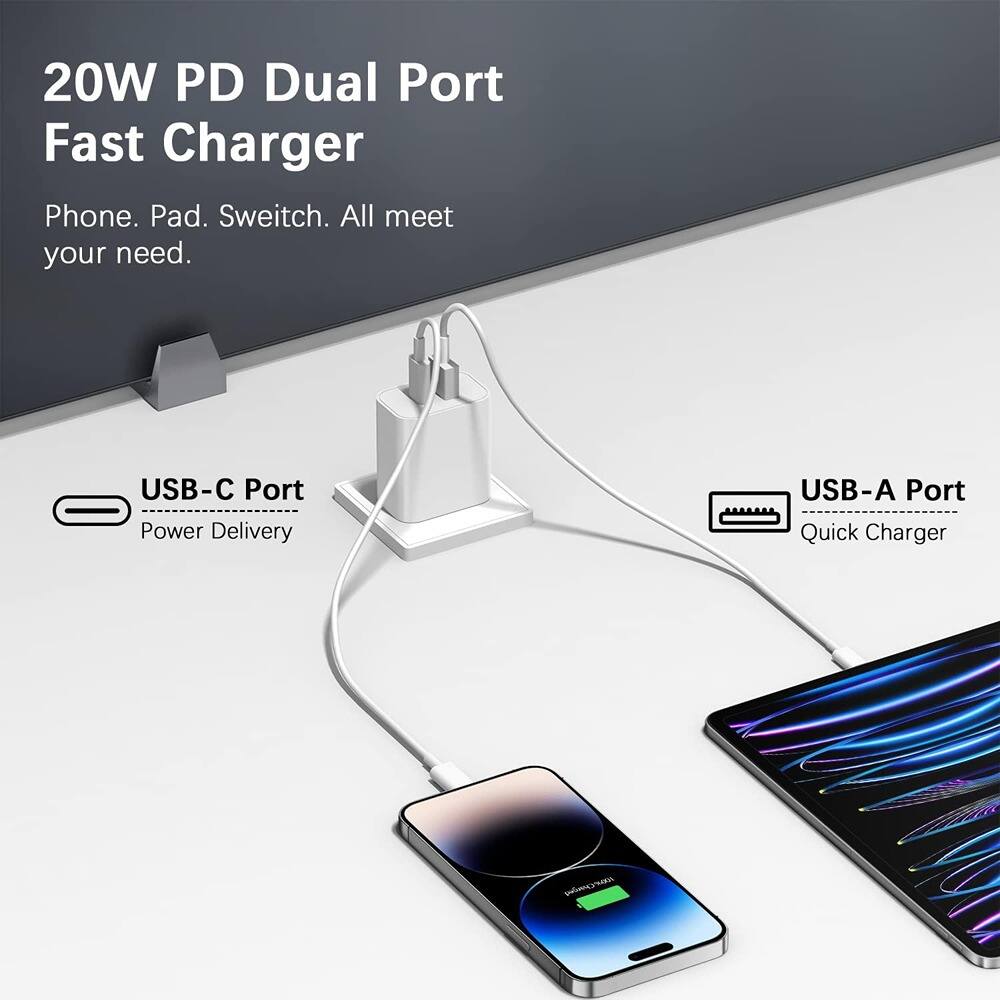 20W PD Dual Port Fast Charger

Phone. Pad. Switch. All meet your need.

USB-C Port Power Delivery

USB-A Port Quick Charger