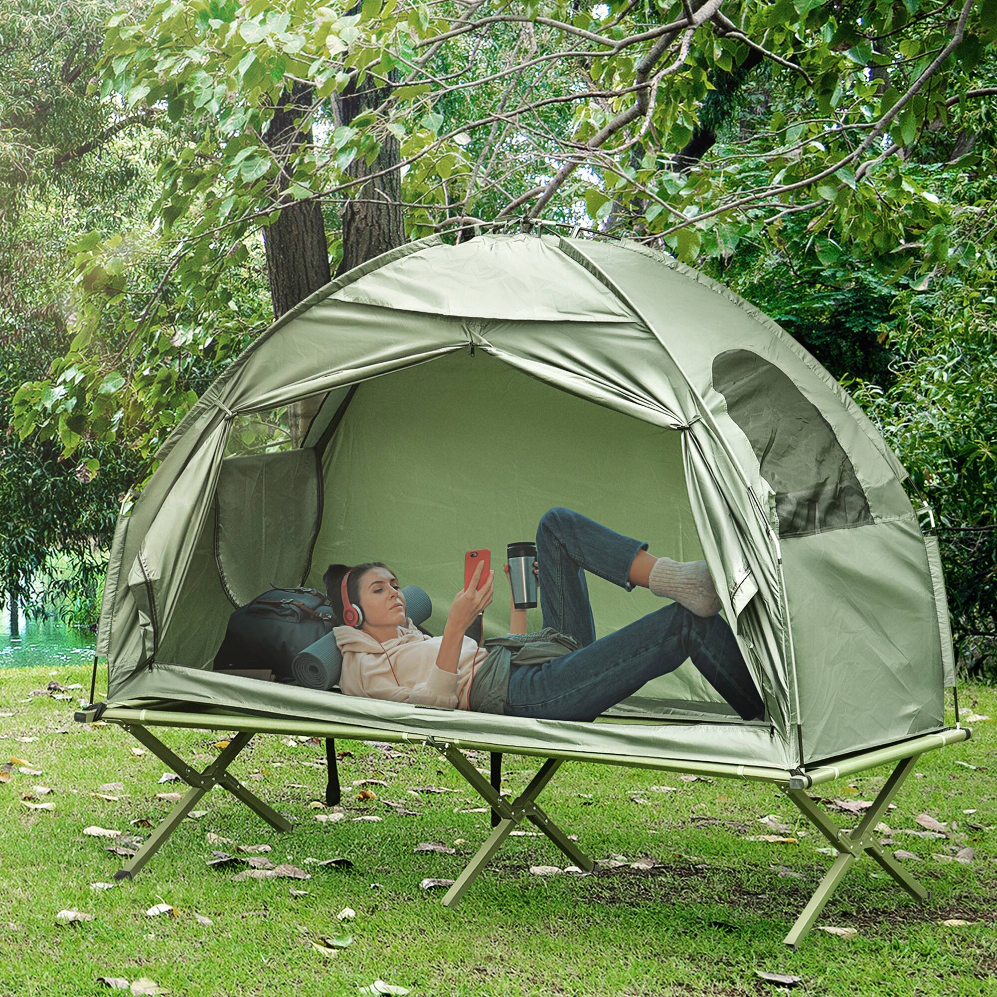 Alt View 1. Outsunny - Camping Tent Cot, Single Person Folding Cot Combo, Off-Ground Tent, Covered Outdoor Bed with Carry Bag - Green.