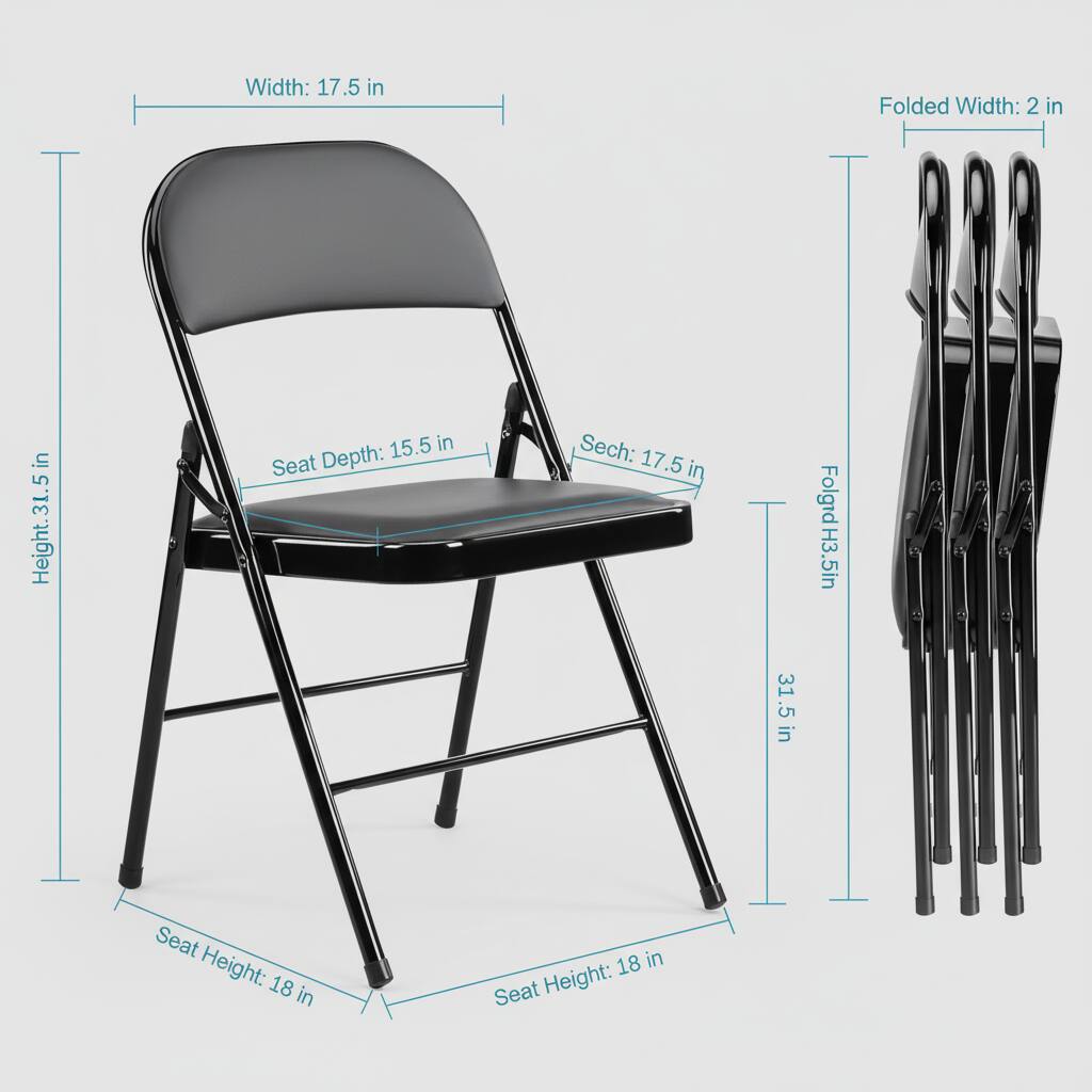 Width: 17.5 in  
Folded Width: 2 in  
Height: 31.5 in  
Seat Depth: 15.5 in  
Seat Height: 18 in  
Folded Height: 31.5 in