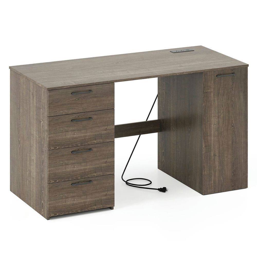 Left. Kadyn - 53-Inch Computer Desk - Power Outlets + 4 Storage Drawers, Gray + Black - Gray.