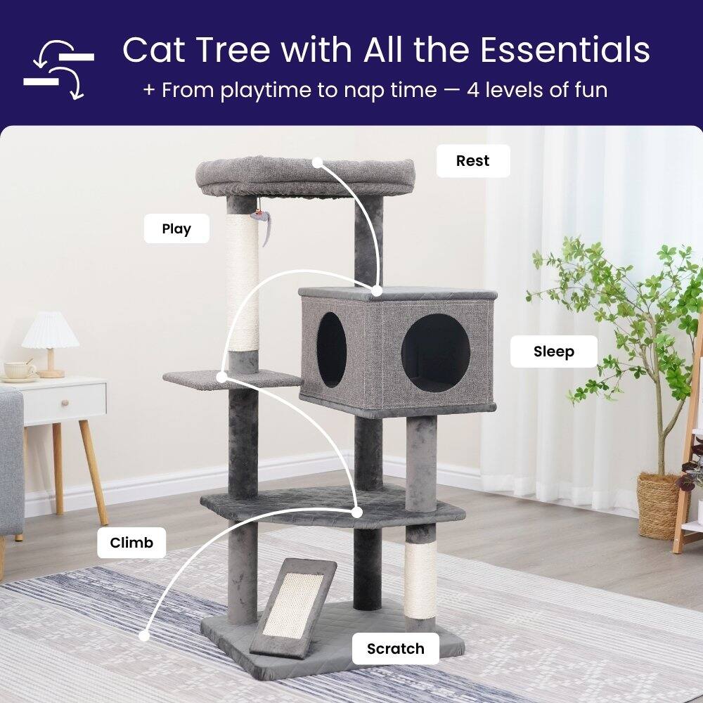 Cat Tree with All the Essentials  
+ From playtime to nap time — 4 levels of fun  
Rest Play Sleep Climb Scratch