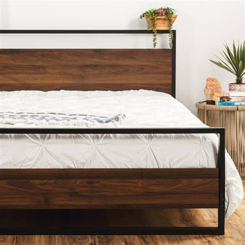 Angle. SlickBlue - Modern Farmhouse Queen Low Profile Metal Wood Platform Bed - Brown.