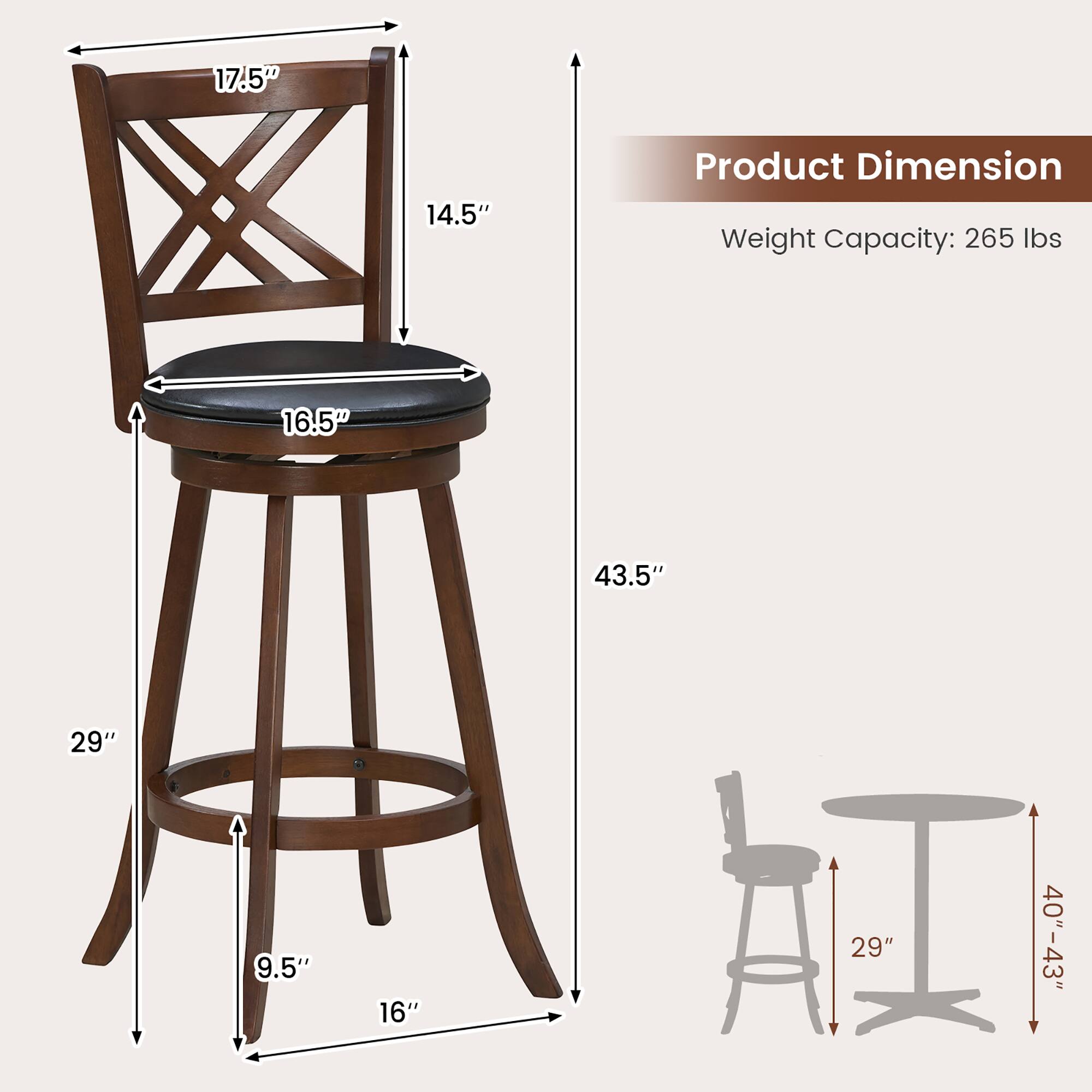 Product Dimension: 17.5", 14.5", 16.5", 43.5", 29", 9.5", 16", 29", 40"-43", Weight Capacity: 265 lbs