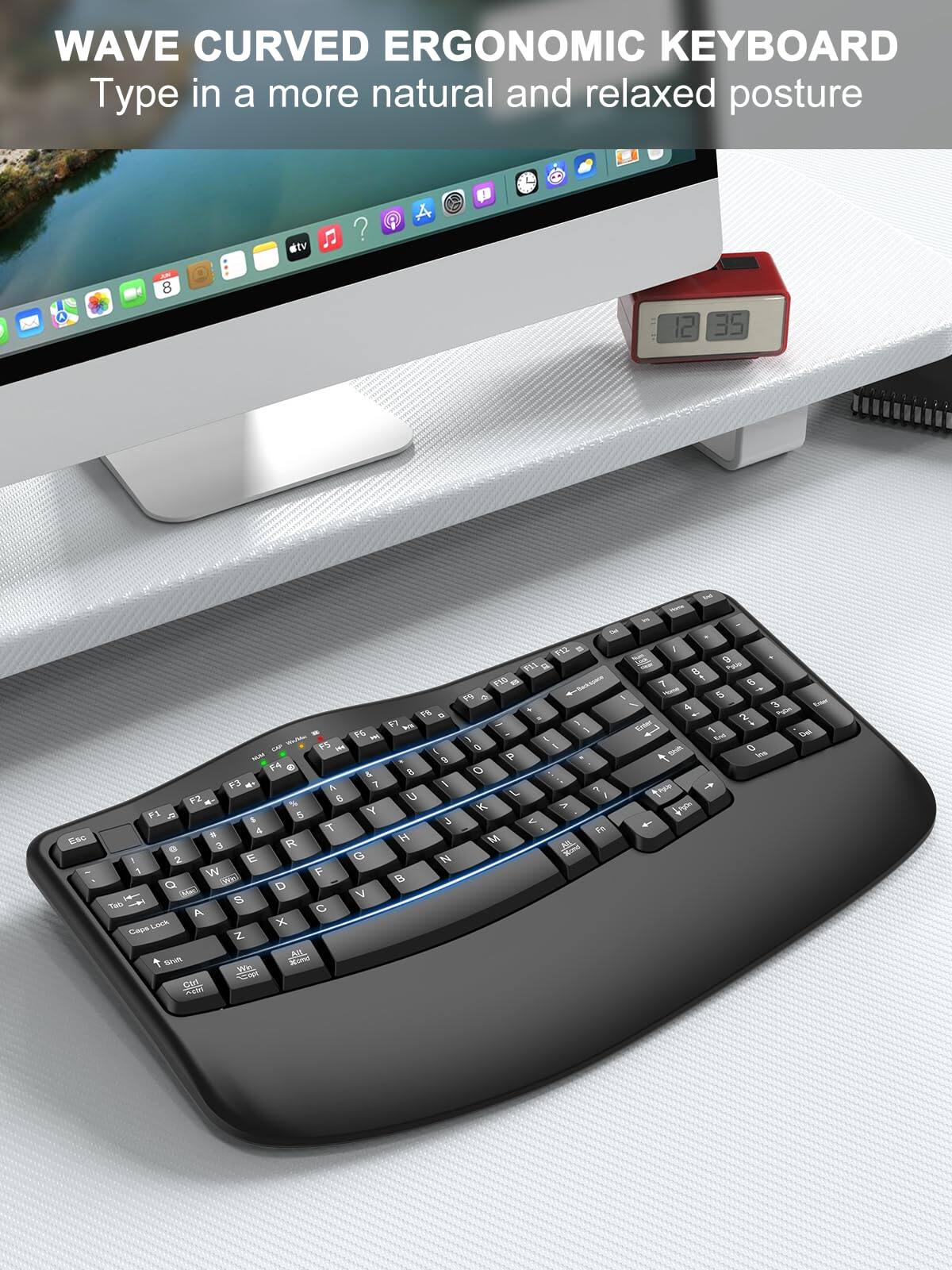 HESVAP Ergonomic Wireless Keyboard with Wrist Rest, Wave Keys, Full ...