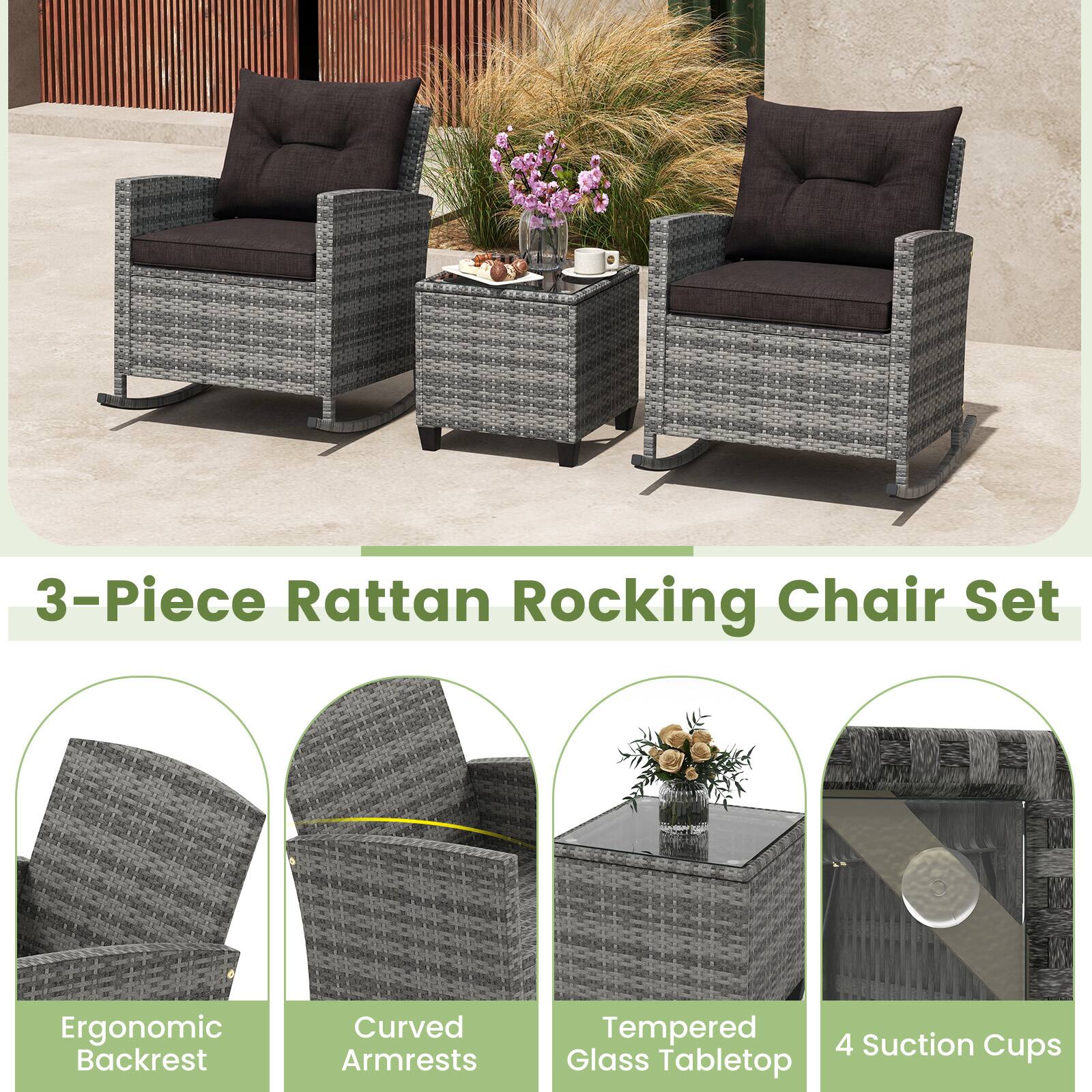 3-Piece Rattan Rocking Chair Set

Ergonomic Backrest
Curved Armrests
Tempered Glass Tabletop
4 Suction Cups