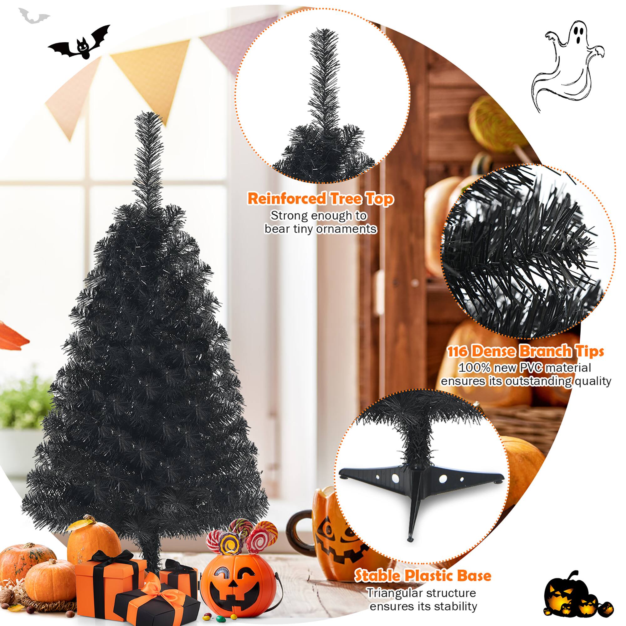 The text on the image is grouped and corrected as follows:

1. Reinforced Tree Top: Strong enough to bear tiny ornaments
2. 116 Dense Branch Tips: 100% new PVC material ensures its outstanding quality
3. Stable Plastic Base: Triangular structure ensures its stability

These descriptions are likely related to the black tree displayed in the image.