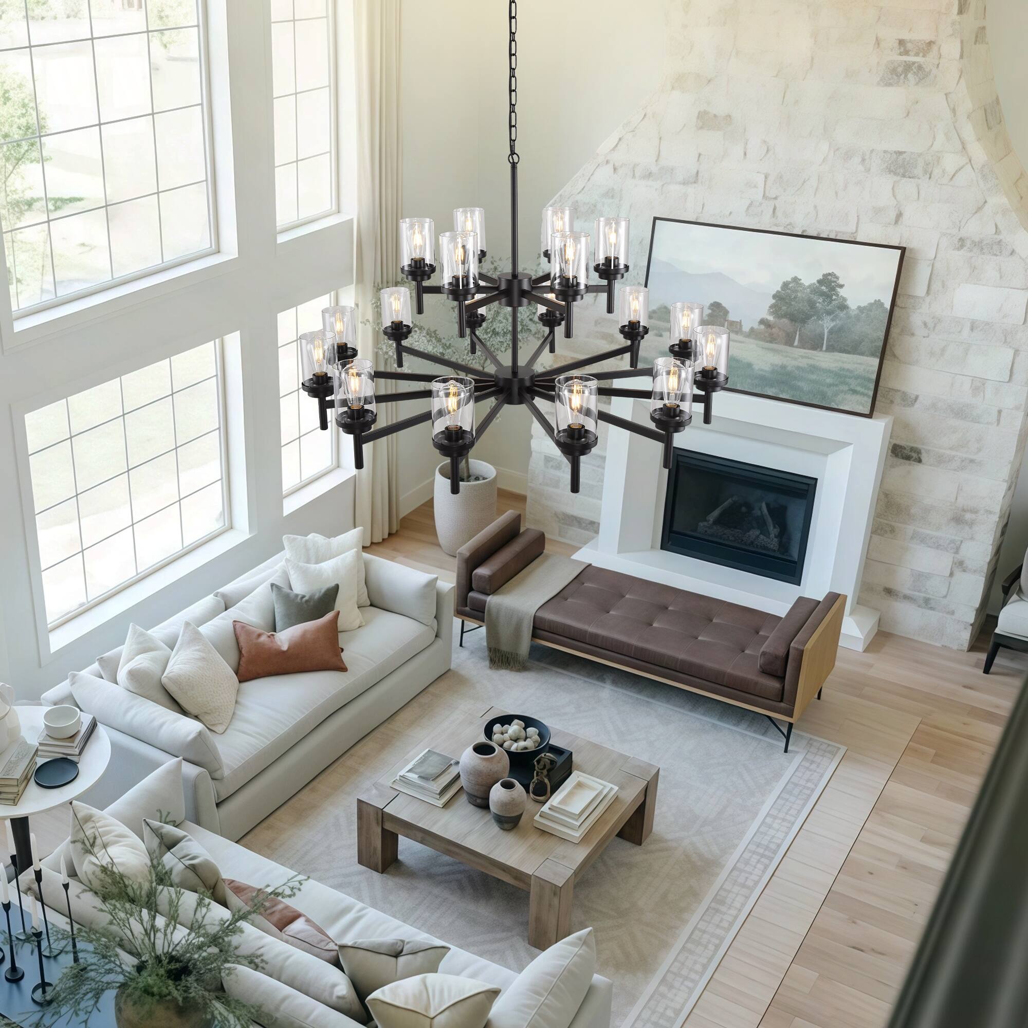 Alt View 1. RYHNUYNE - 18-Light Dining Room Light Fixture Over Table,Black Farmhouse Glass Chandelier,Industrial Lighting for Living Room Foyer - Black.