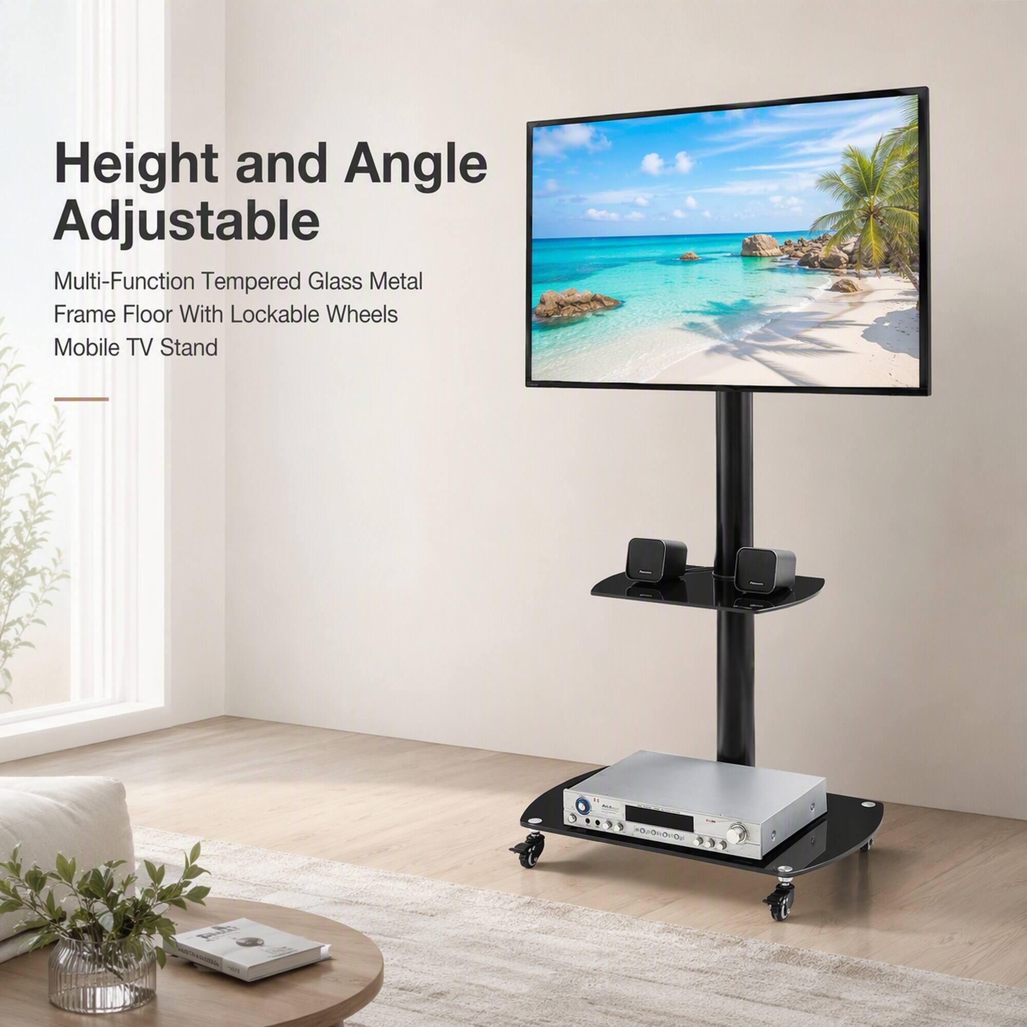 Height and Angle Adjustable Multi-Function Tempered Glass Metal Frame Floor With Lockable Wheels Mobile TV Stand

POPORION