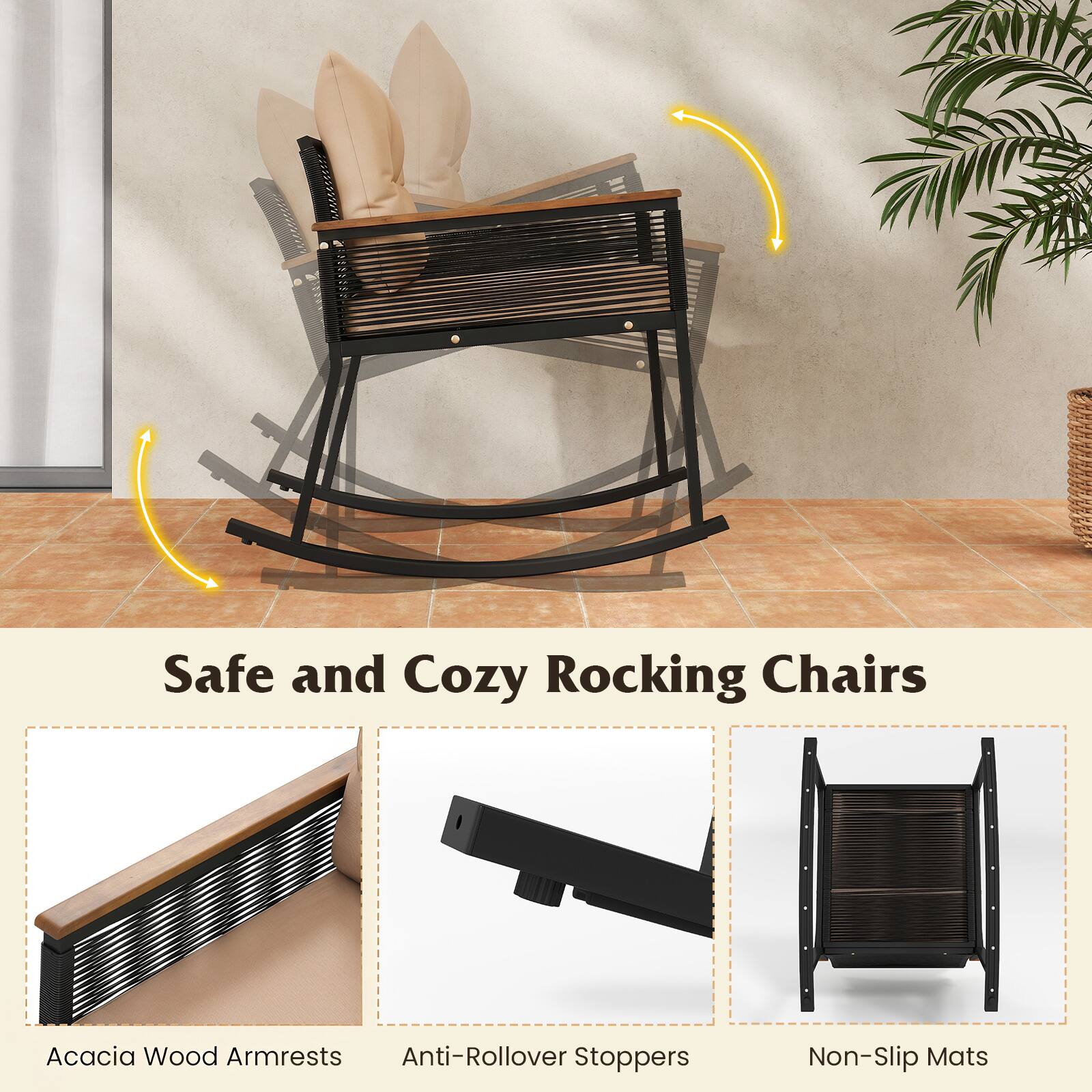 Safe and Cozy Rocking Chairs

Acacia Wood Armrests
Anti-Rollover Stoppers
Non-Slip Mats