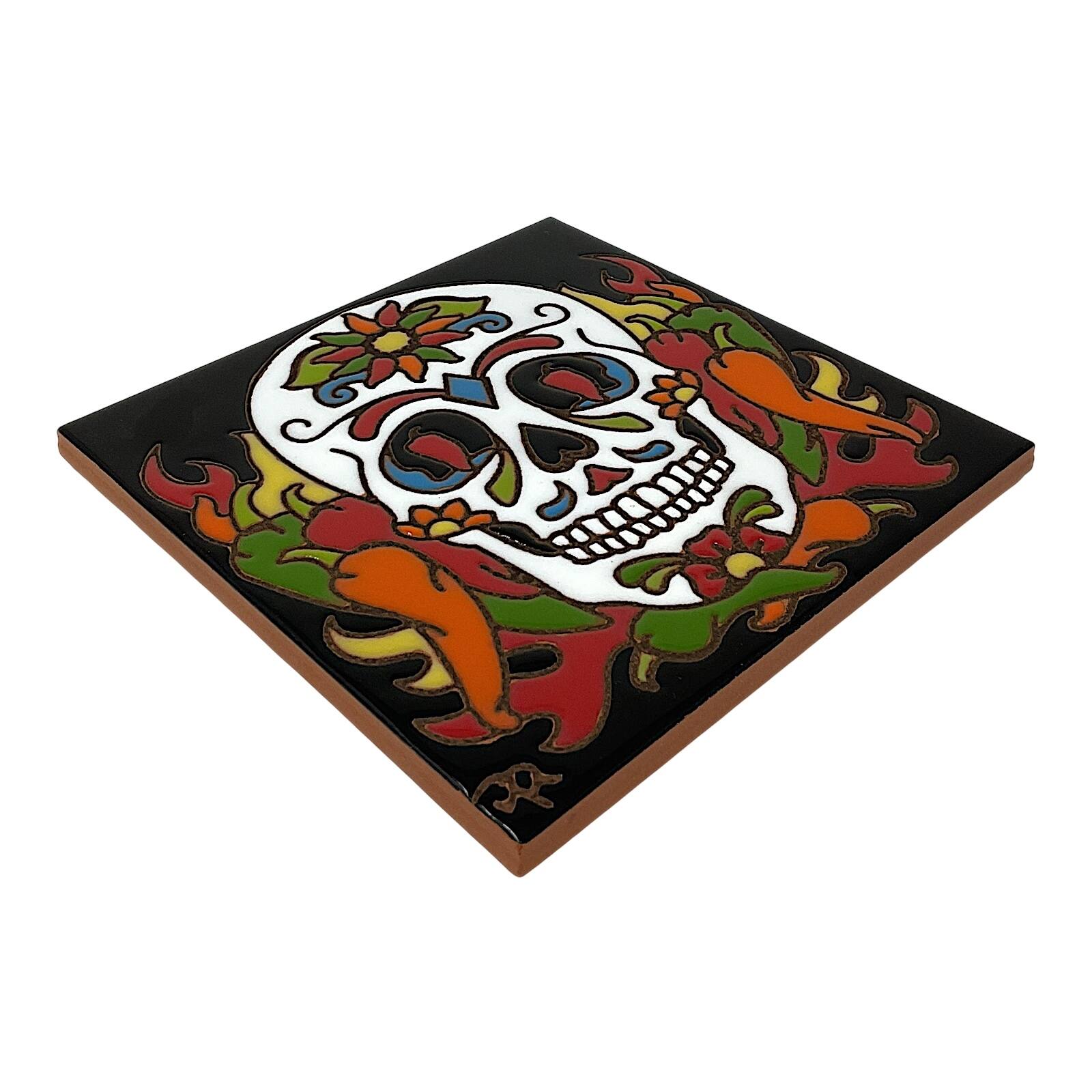 Left. Earthtones Tile - Earthtones Day of the Dead Chili Pepper Sugar Skull Southwest 6X6 Hand Glazed Decorative Tile or Kitchen Trivet - Multicolor.