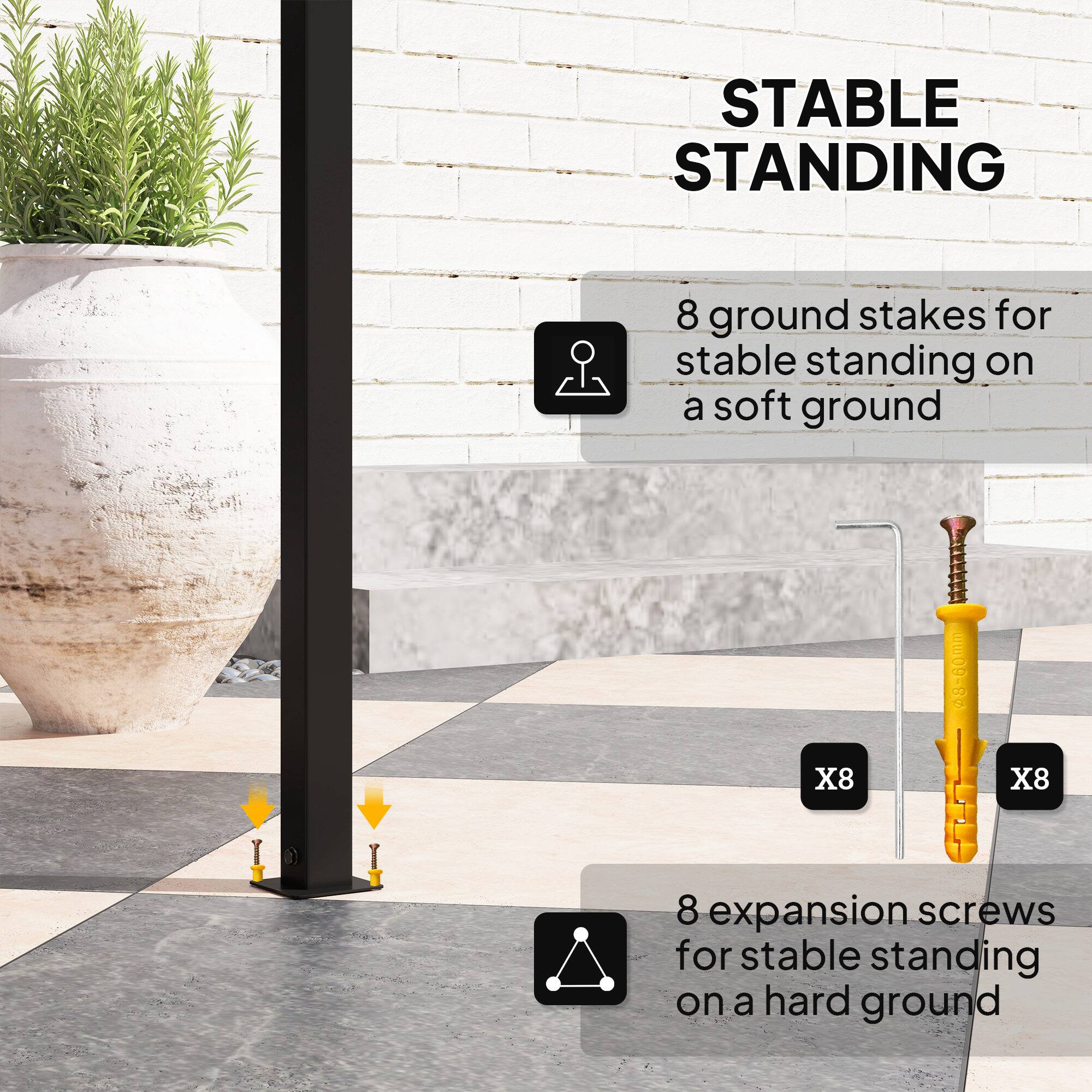 STABLE STANDING

8 ground stakes for stable standing on a soft ground

8 expansion screws for stable standing on a hard ground