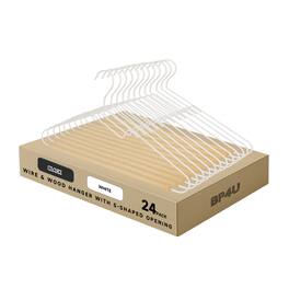BP4U - 24-Pack S-Shaped Opening Metal Wire Clothes Hangers with Wooden Pants Bar for Sweaters, Jackets, Jeans, Shirts(White) - White/Natural