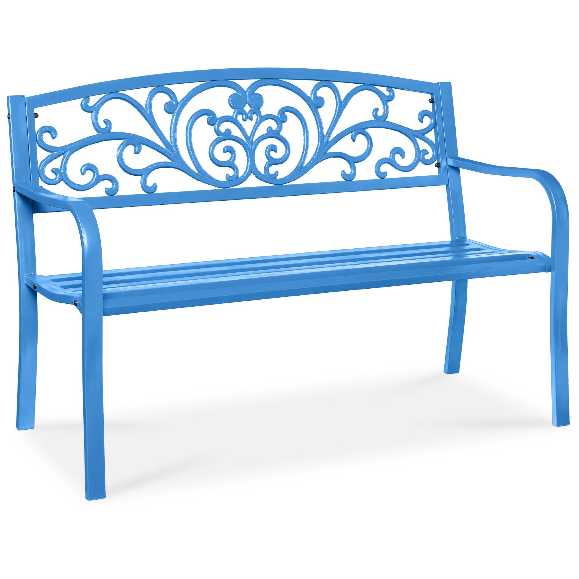 Front. Best Choice Products - Best Choice Products Outdoor Steel Bench Garden Patio Porch Furniture w/ Floral Design Backrest - Ocean Blue - Ocean Blue.