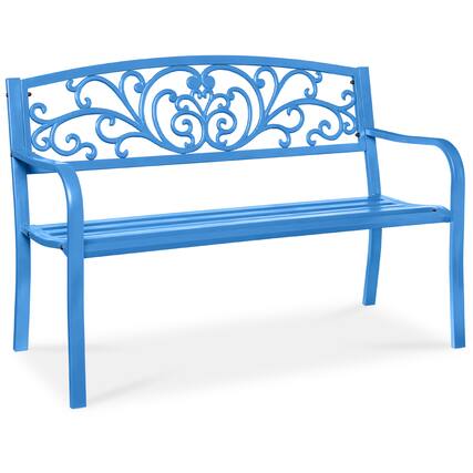 Front. Best Choice Products - Best Choice Products Outdoor Steel Bench Garden Patio Porch Furniture w/ Floral Design Backrest - Ocean Blue - Ocean Blue.