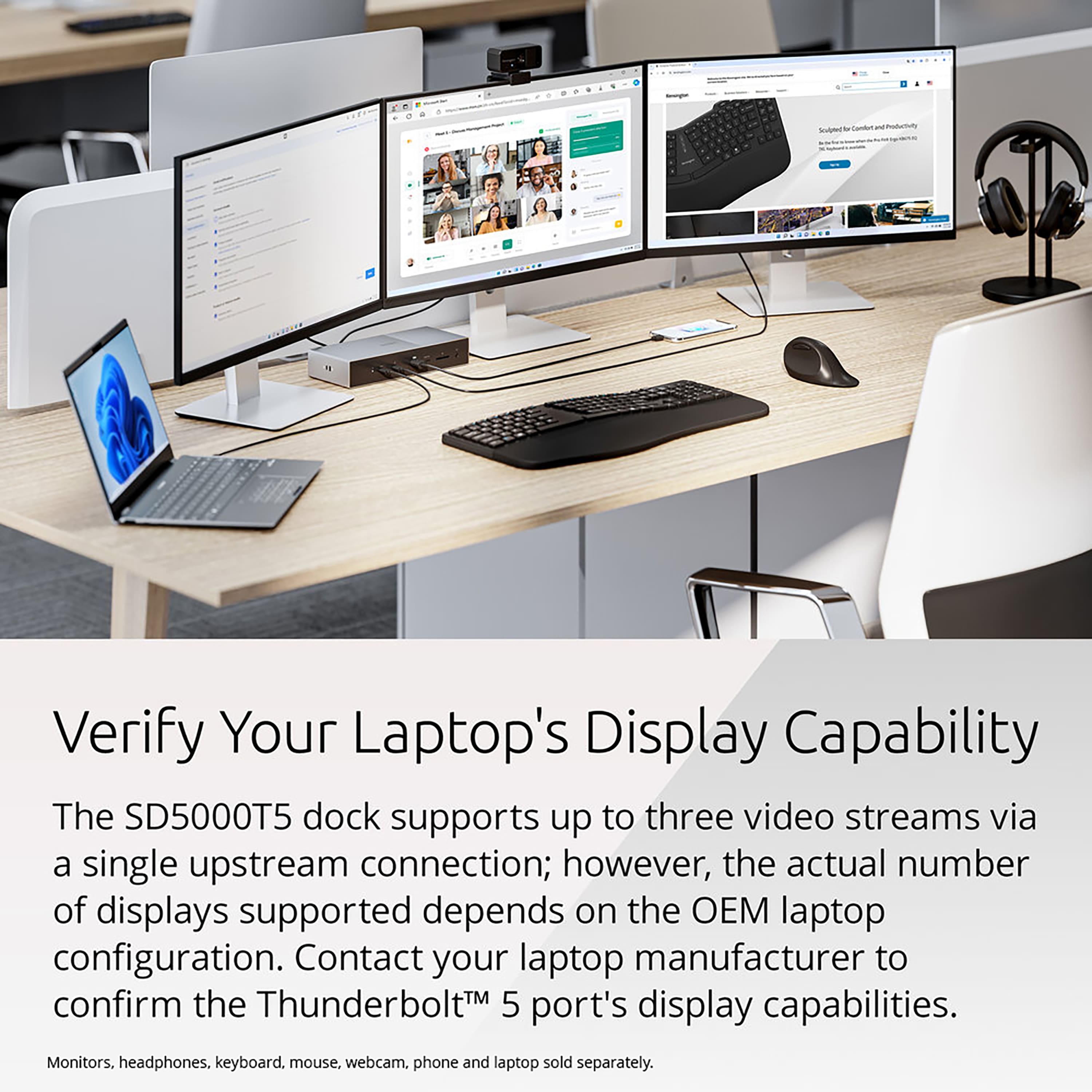 Verify Your Laptop's Display Capability
The SD5000T5 dock supports up to three video streams via a single upstream connection; however, the actual number of displays supported depends on the EM laptop configuration. Contact your laptop manufacturer to confirm the Thunderbolt 5 port's display capabilities. Monitors, headphones, keyboard, mouse, webcam, phone, and laptop are sold separately.