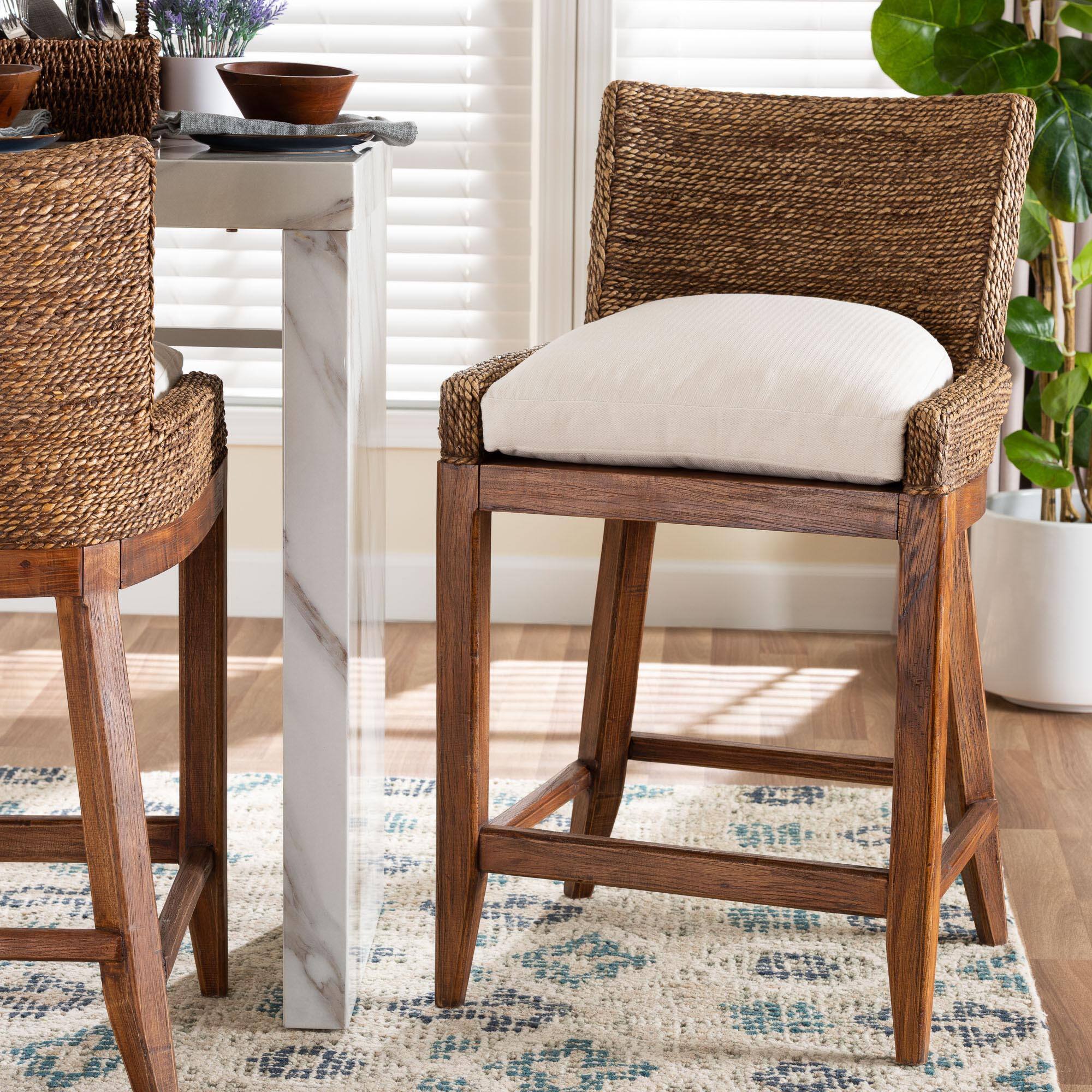 Alt View 4. bali & pari - Ridley Seagrass Counter Stool with Mahogany Wood Frame - Seating with Woven Square Back and Cushioned Seat - Brown Wash.