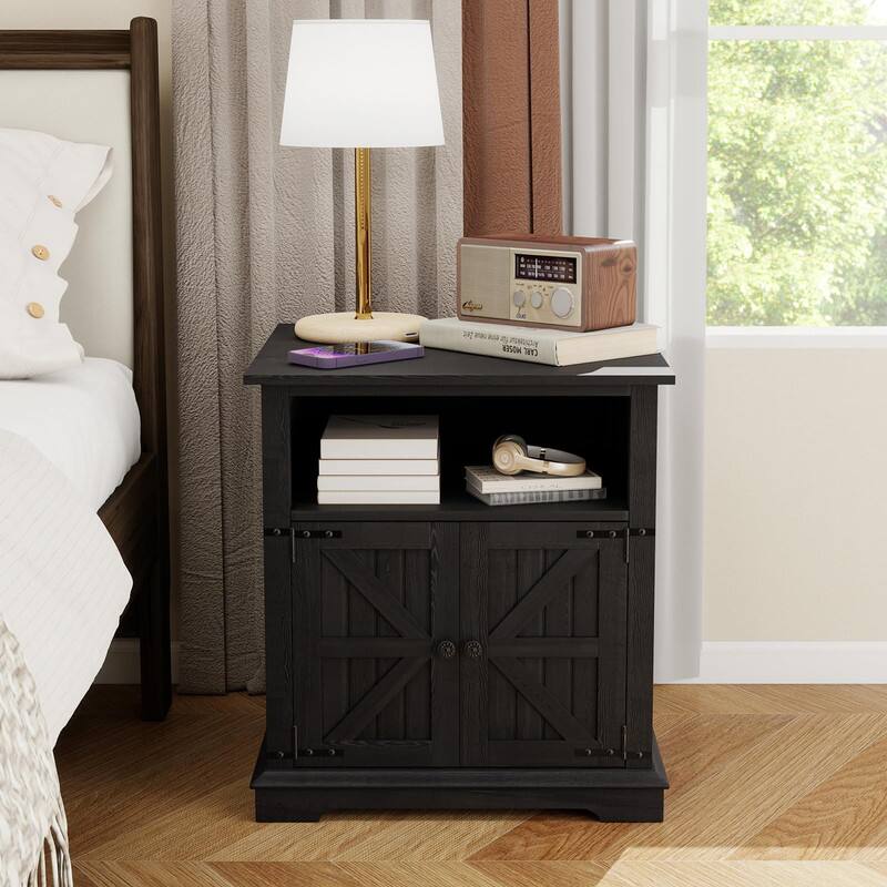 Alt View 2. Vipbear - Vipbear 24" Rustic Nightstand with Chargers Dark Gray Living Room Rustic Nightstand Wooden Nightstand - Grey.