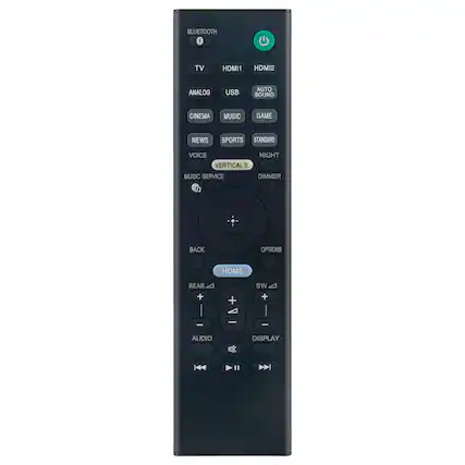 BLUETOOTH
TV HDMI1 HDMI2
ANALOG USB
CINEMA MUSIC GAME
NEWS SPORTS
VOICE VERTICAL
MUSIC SERVICE
NIGHT DIMMER
AUTO SOUND
SB
STANDARD
BACK OPTIONS
HOME
REAR + -
AUDIO
DISPLAY
SW + -