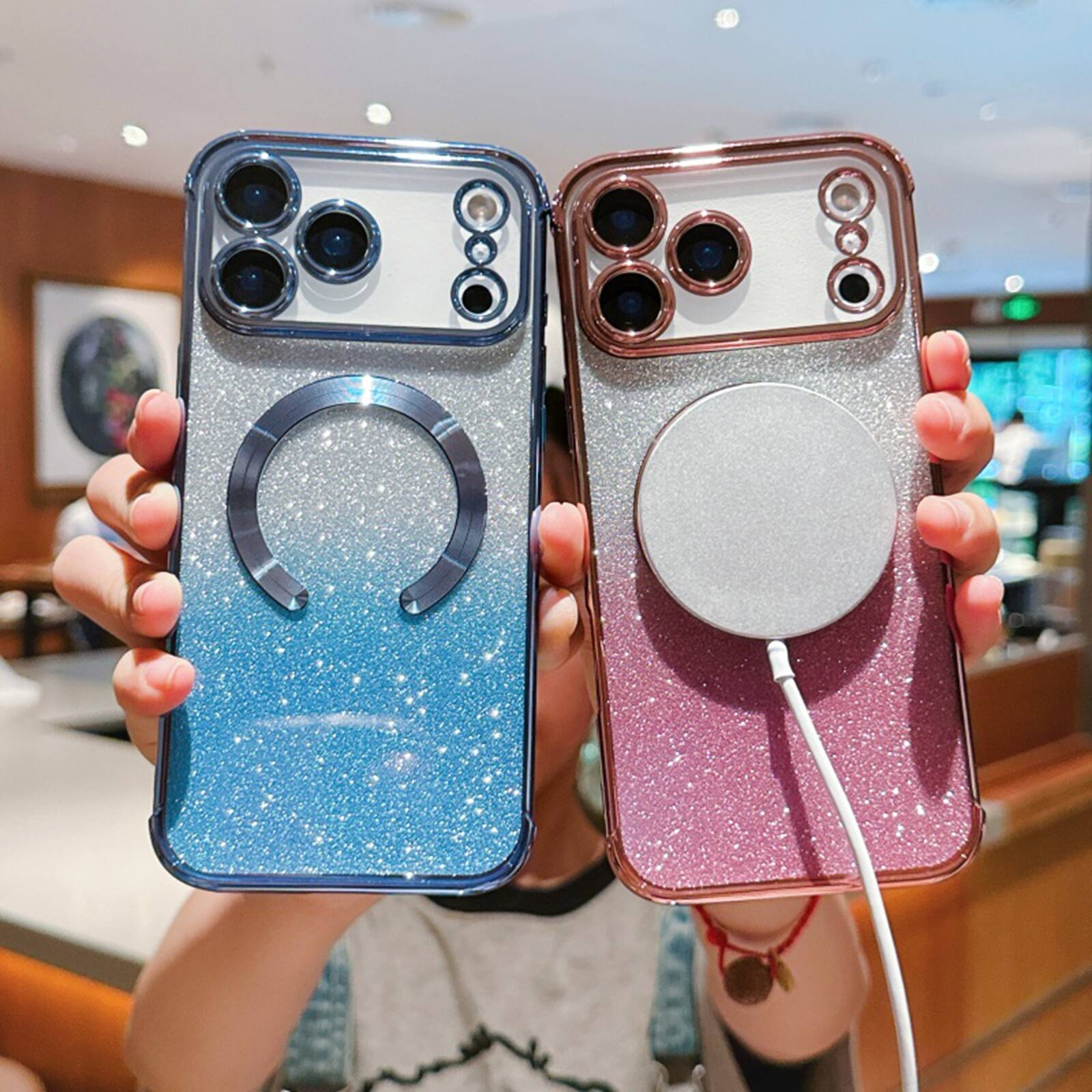 Back. Dteck - Dteck 2-in-1 Glitter Clear Magnetic Case for Apple iPhone 17 Pro, Shockproof Sparkle Plating Slim TPU Cover - Pink.