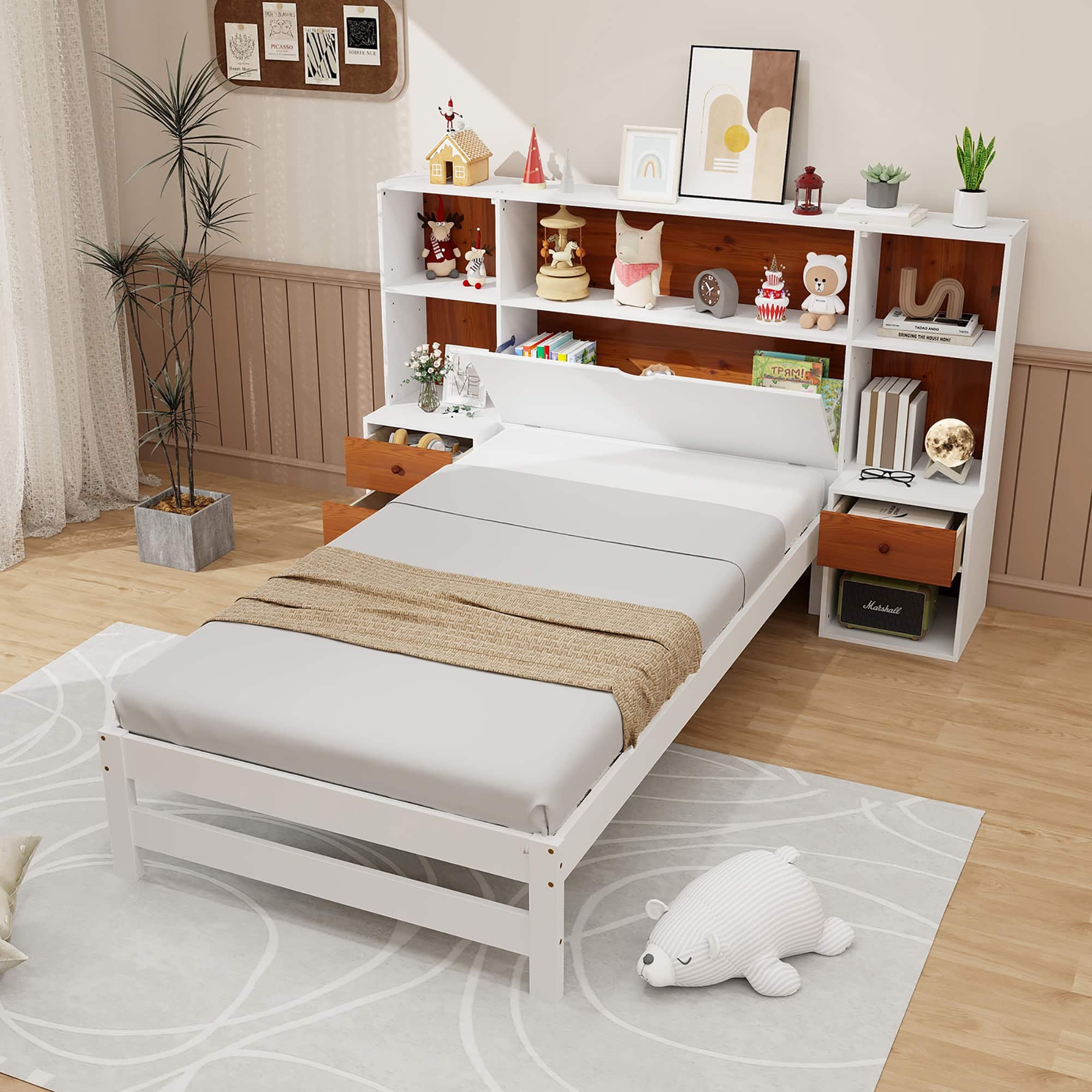 Gymax - Twin Bed Frame w/ Storage Headboard & Nightstands 7 Compartments 3 Drawers - White, Brown